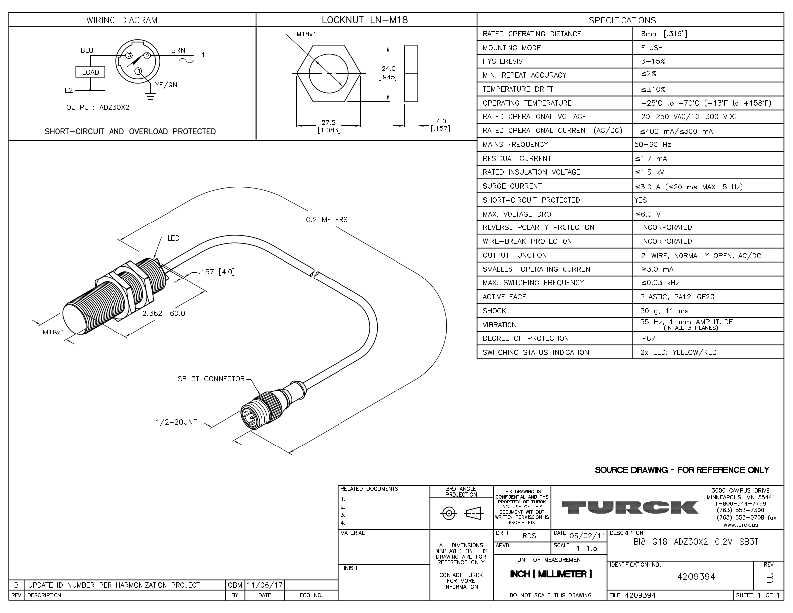 Turck BI8-G18-ADZ30X2-0.2-SB3T Data Sheet