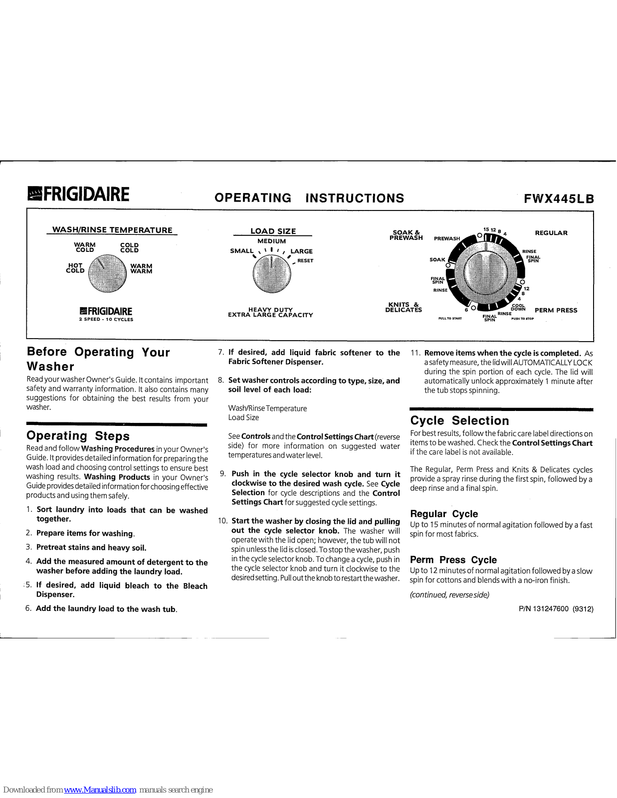 Frigidaire FWX445LB Operating Instructions Manual