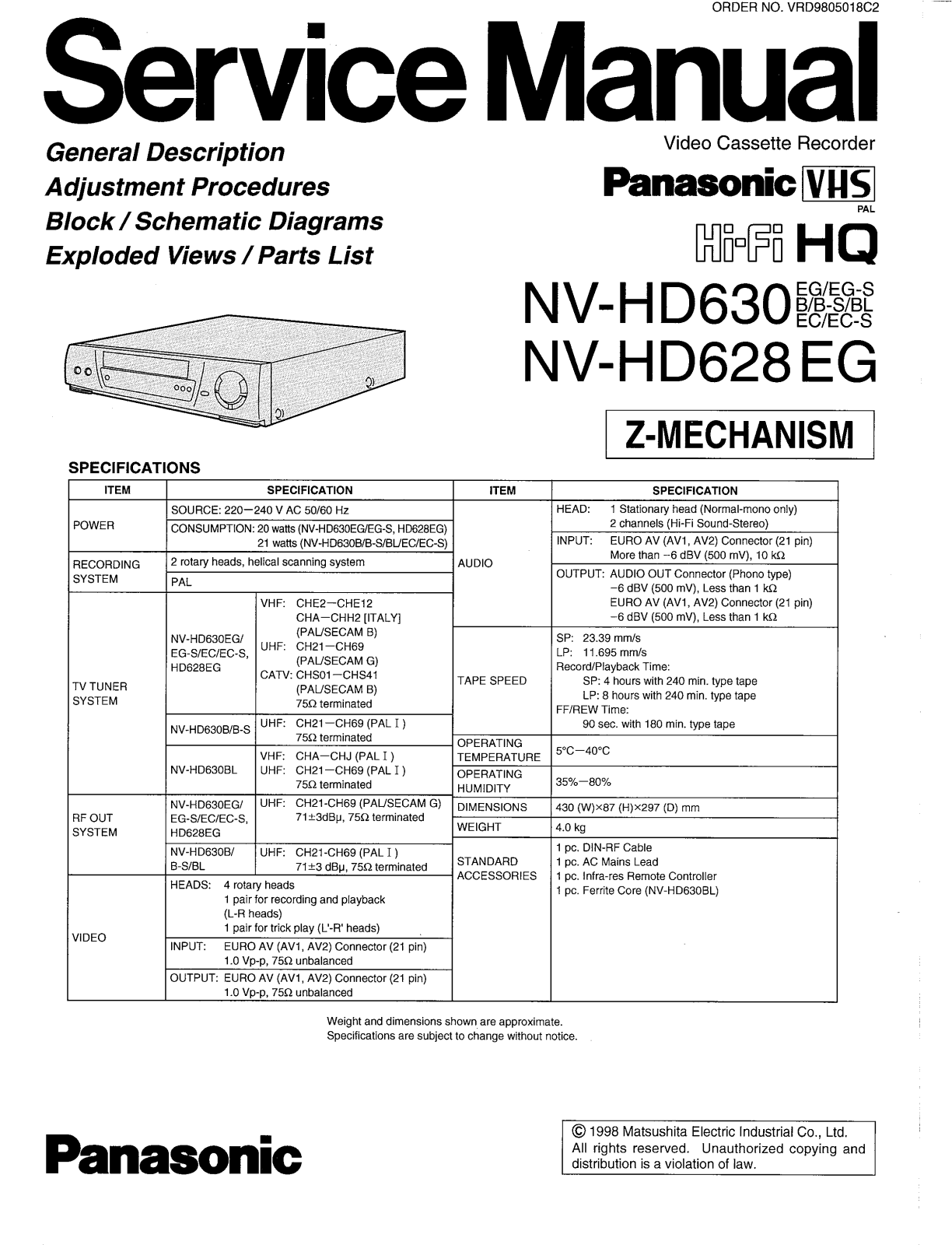 PANASONIC NV-HD630EG, NV-HD628EG Service Manual
