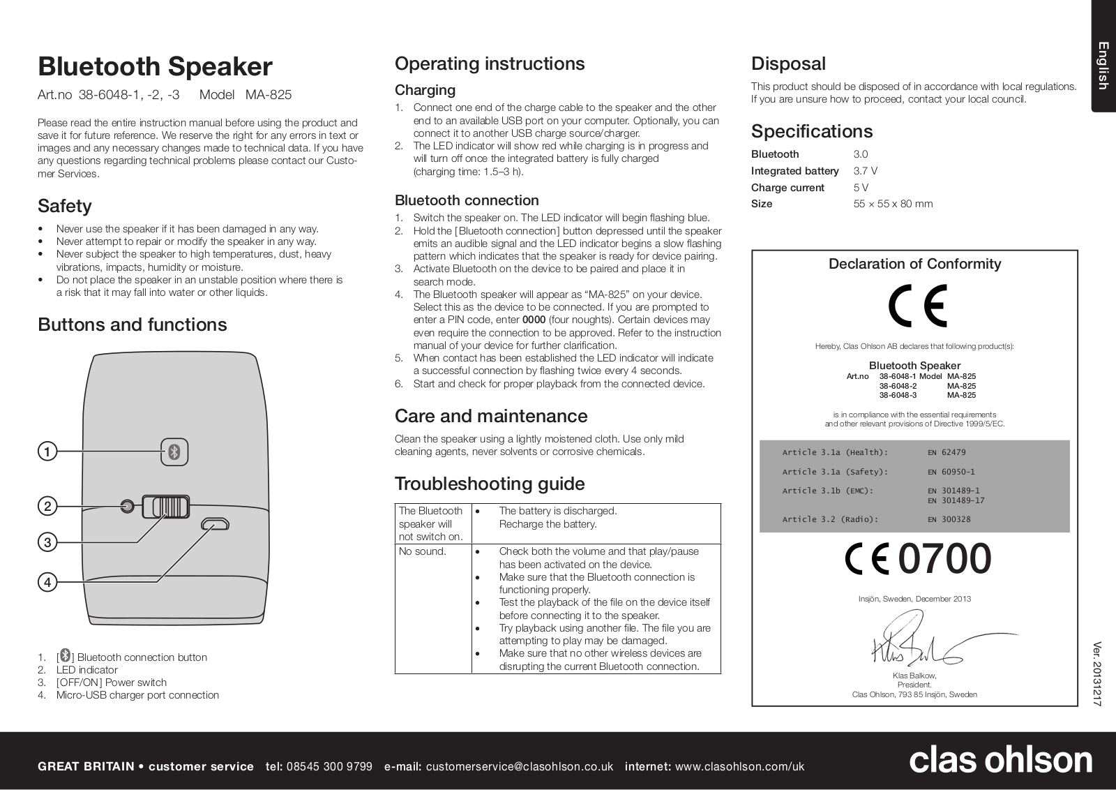 Clas Ohlson MA-825 Operating Instructions Manual