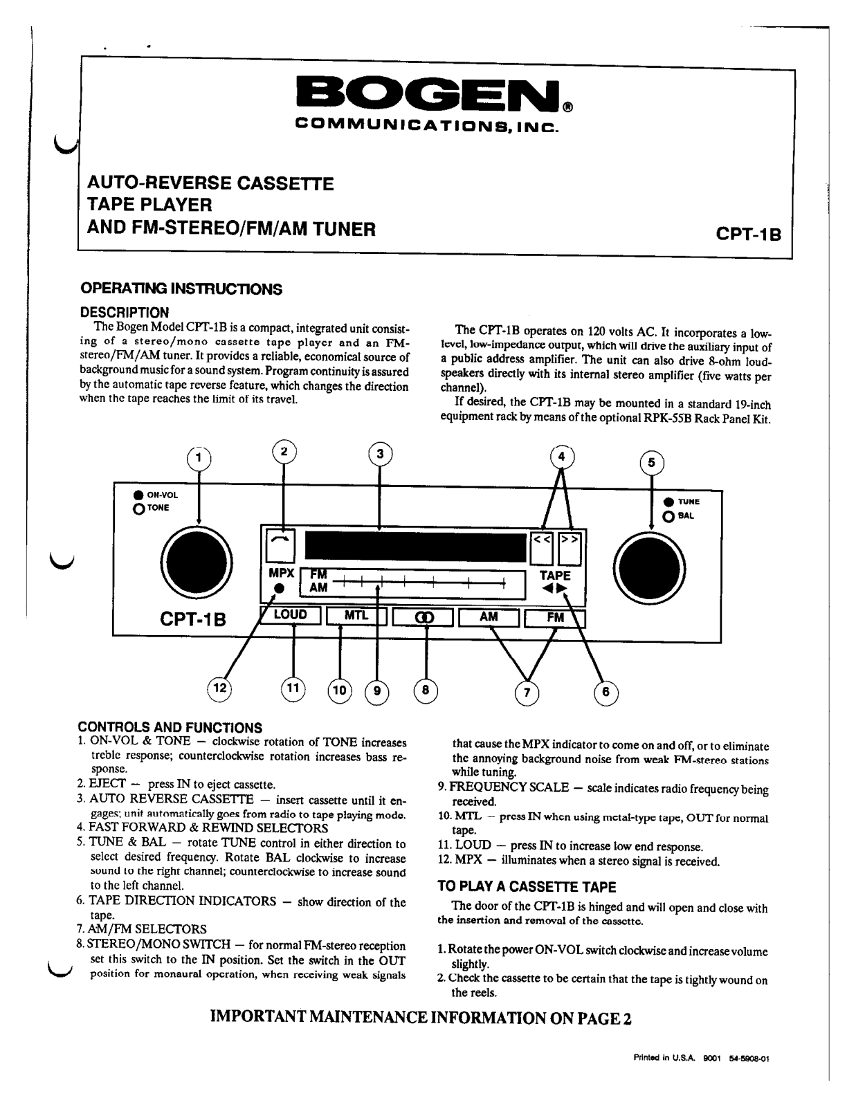 Bogen CPT 1B User Manual