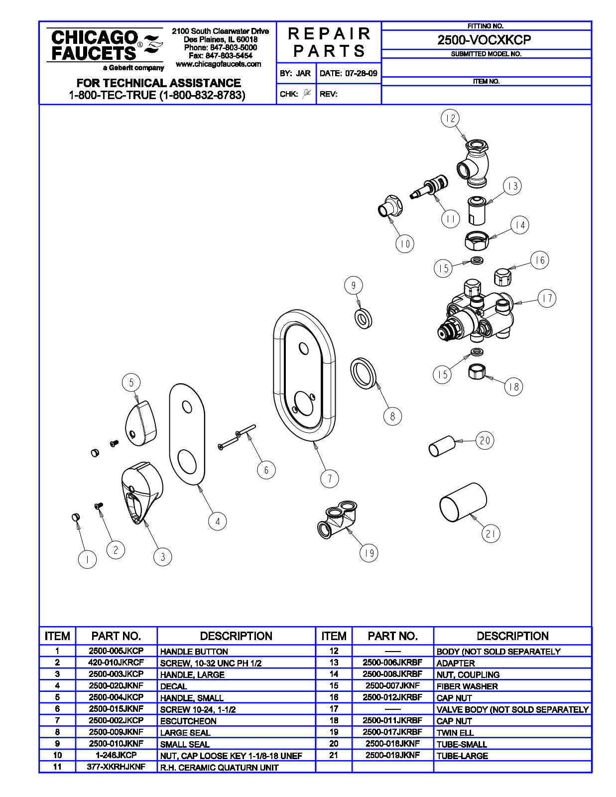 Chicago Faucet 2500-VOCXKCP Parts List