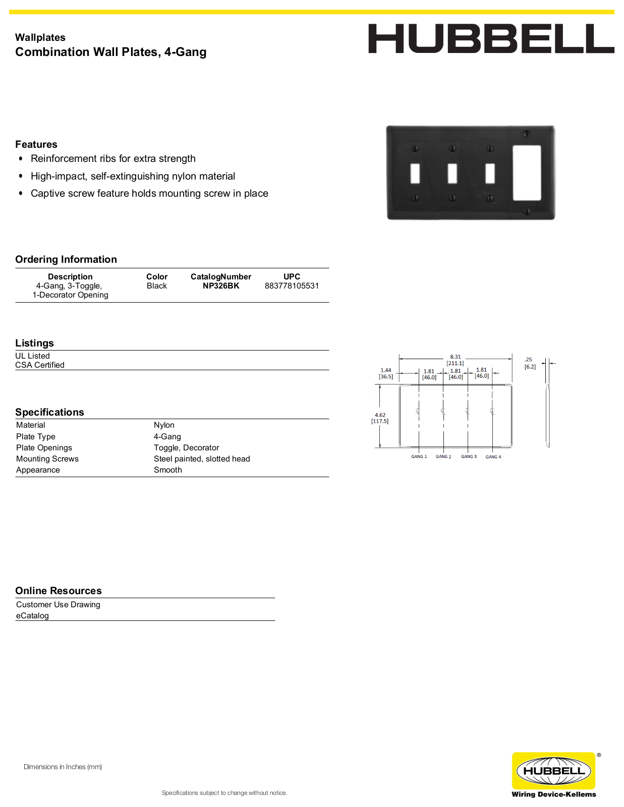 Hubbell NP326BK Specifications