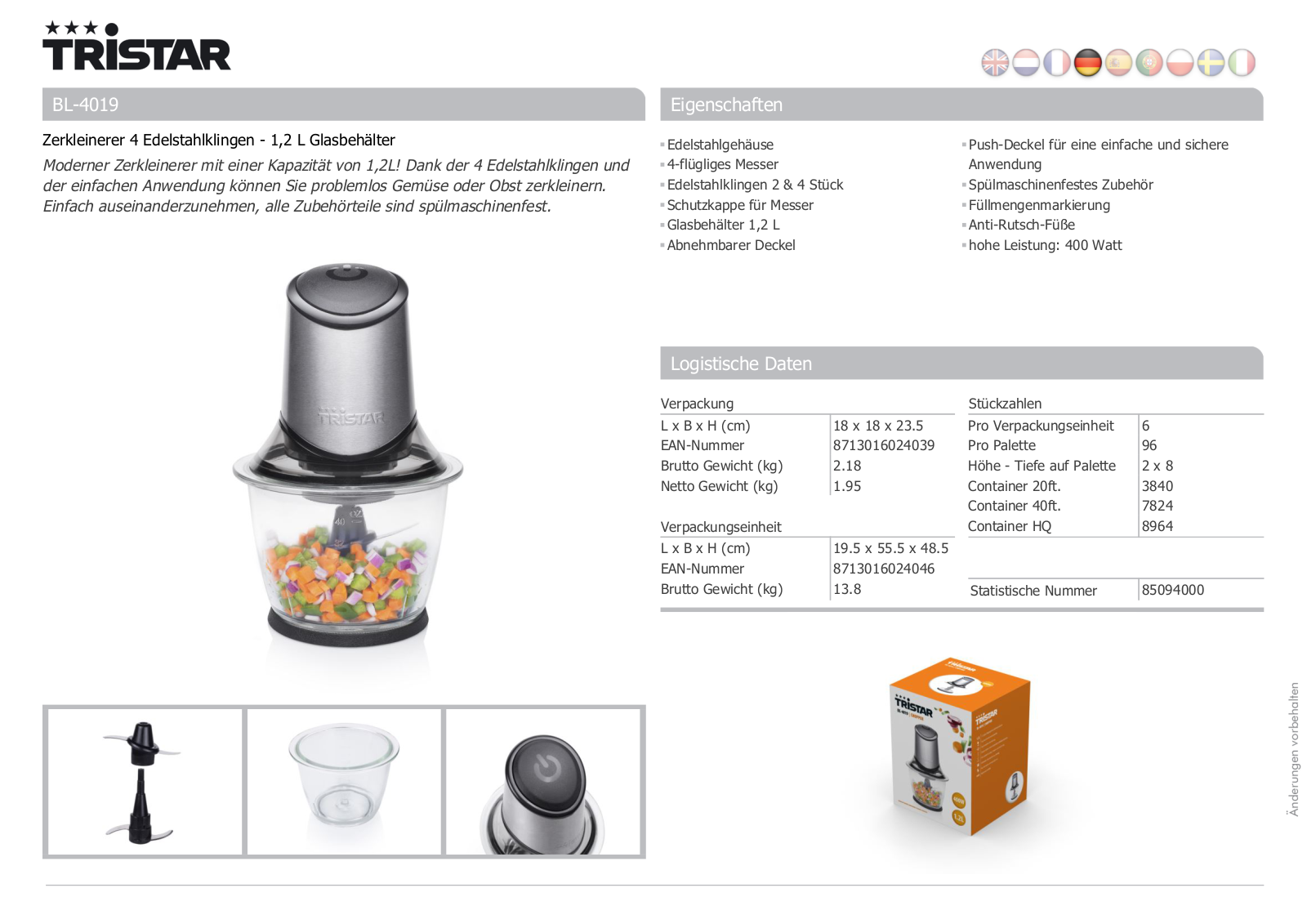 Tristar BL-4019 Technical data