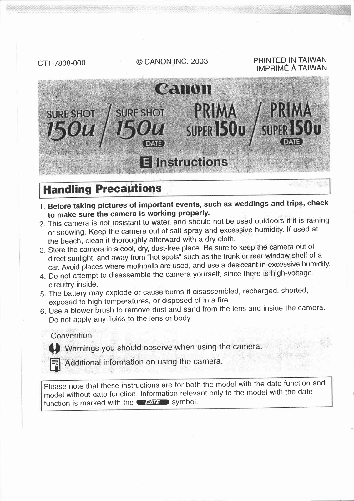 Canon SUPER 150U, SUPER 150U DATE, Prima Super 150U DATE User Manual