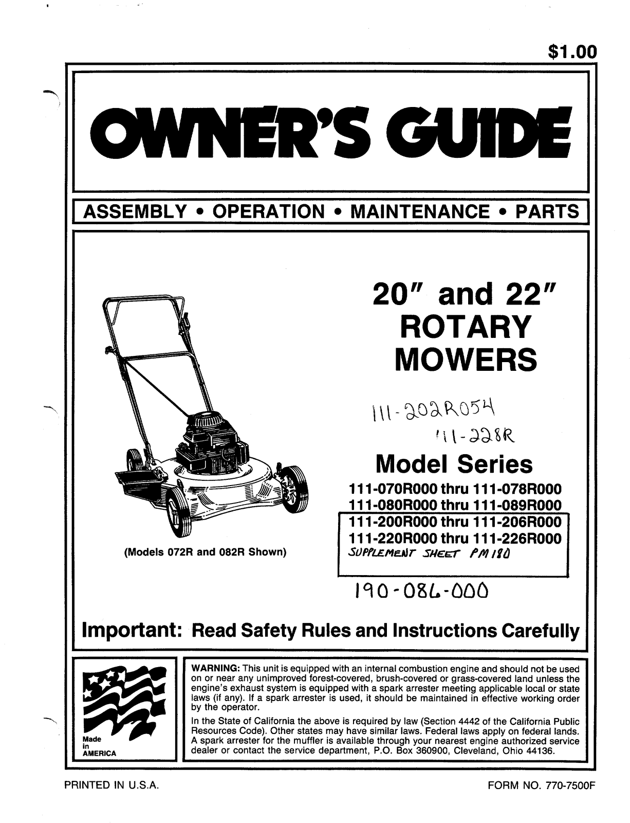 MTD 117-070R000, 111078R000 User Manual