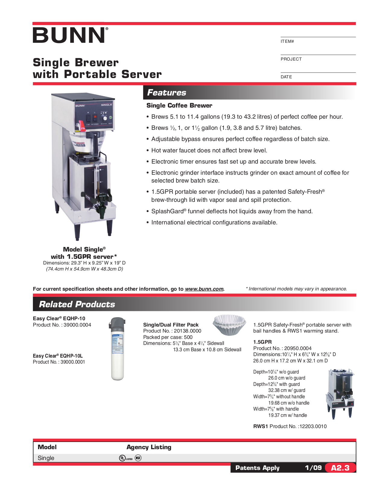 Bunn-O-Matic Single with 1.5GPR server General Manual