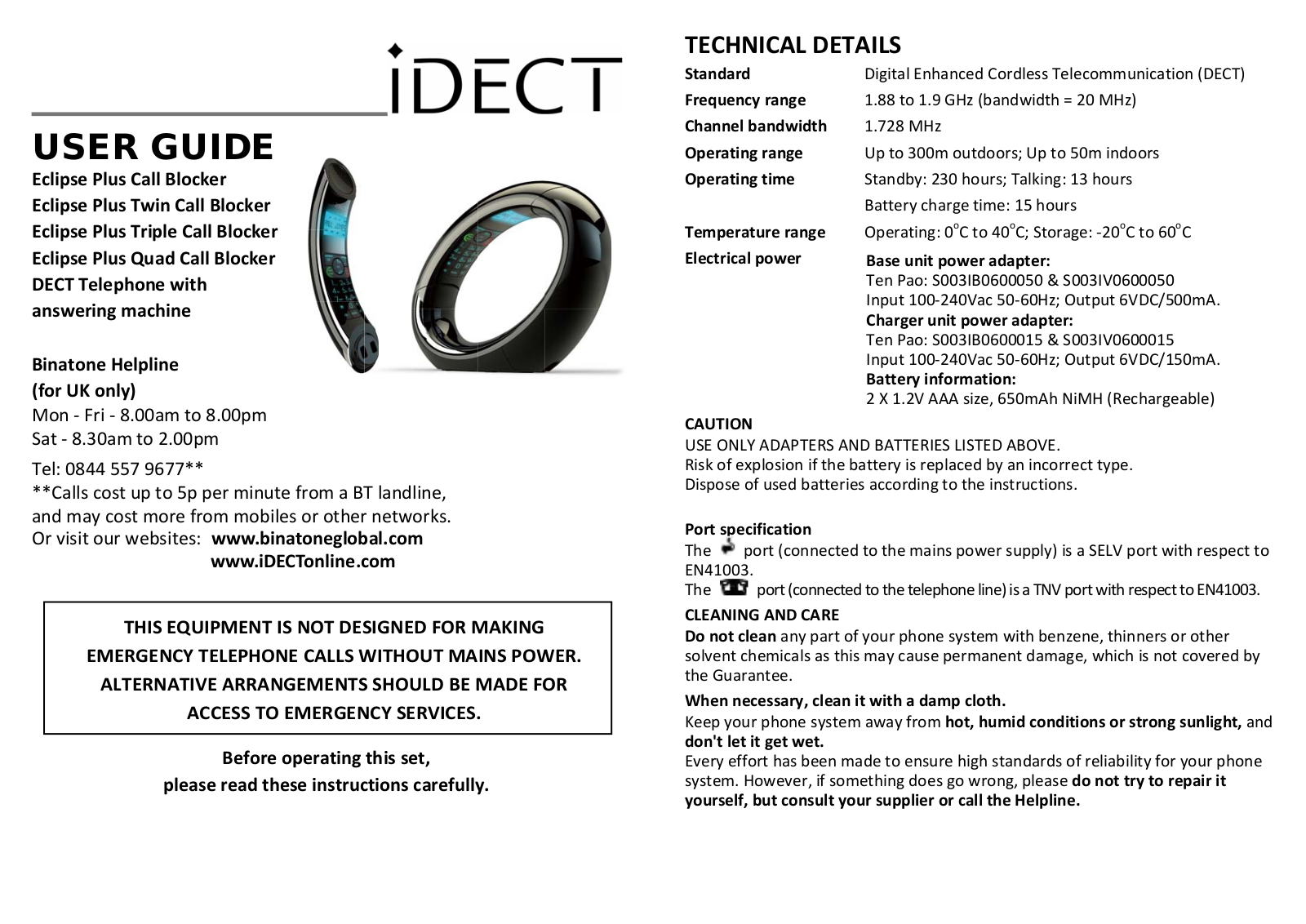 iDect Eclipse Plus, Eclipse Plus Triple, Eclipse Plus Quad, Eclipse Plus Twin User Manual
