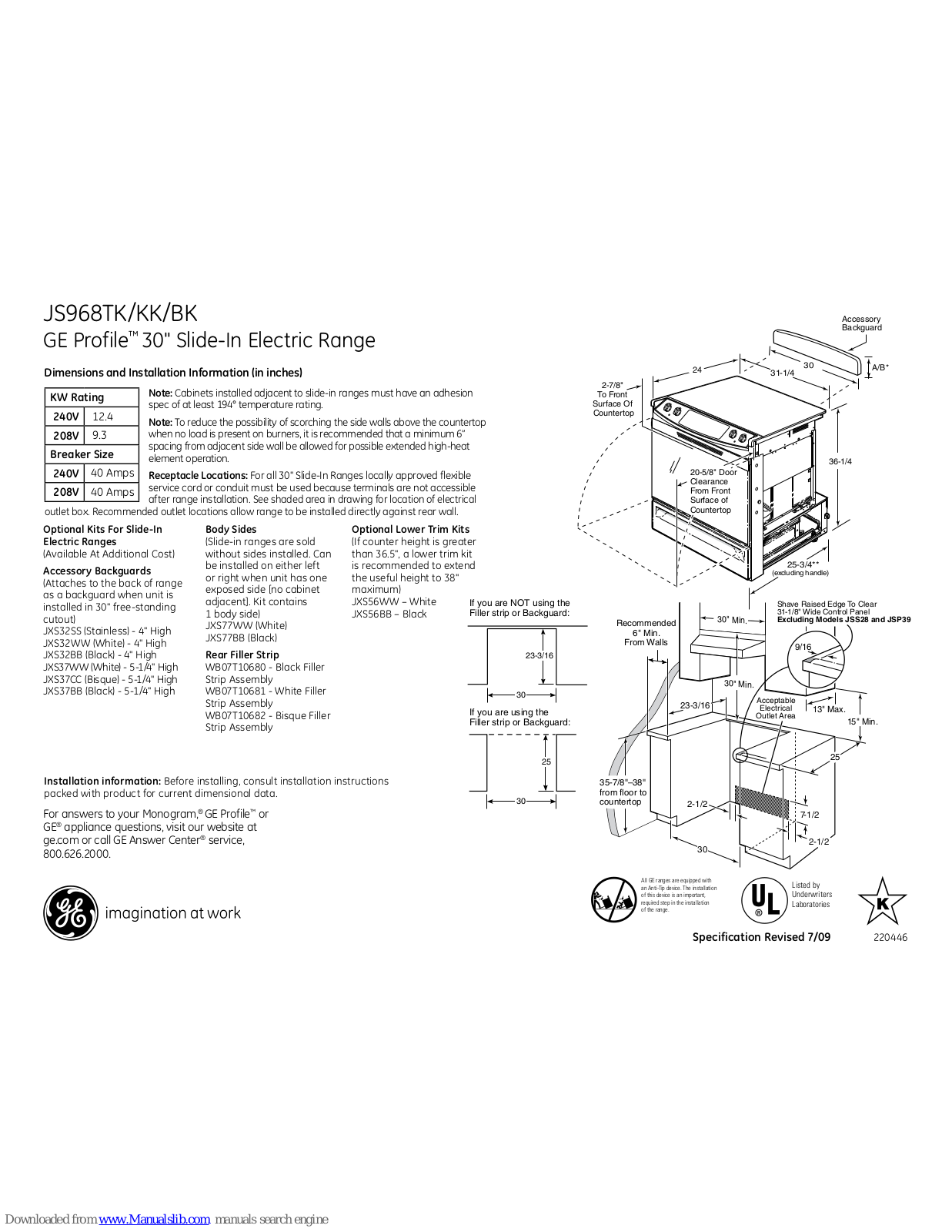 GE Profile JS968, Profile JS968TKWW, Profile JS968KKCC, Profile JS968BKBB Dimensions And Installation Information