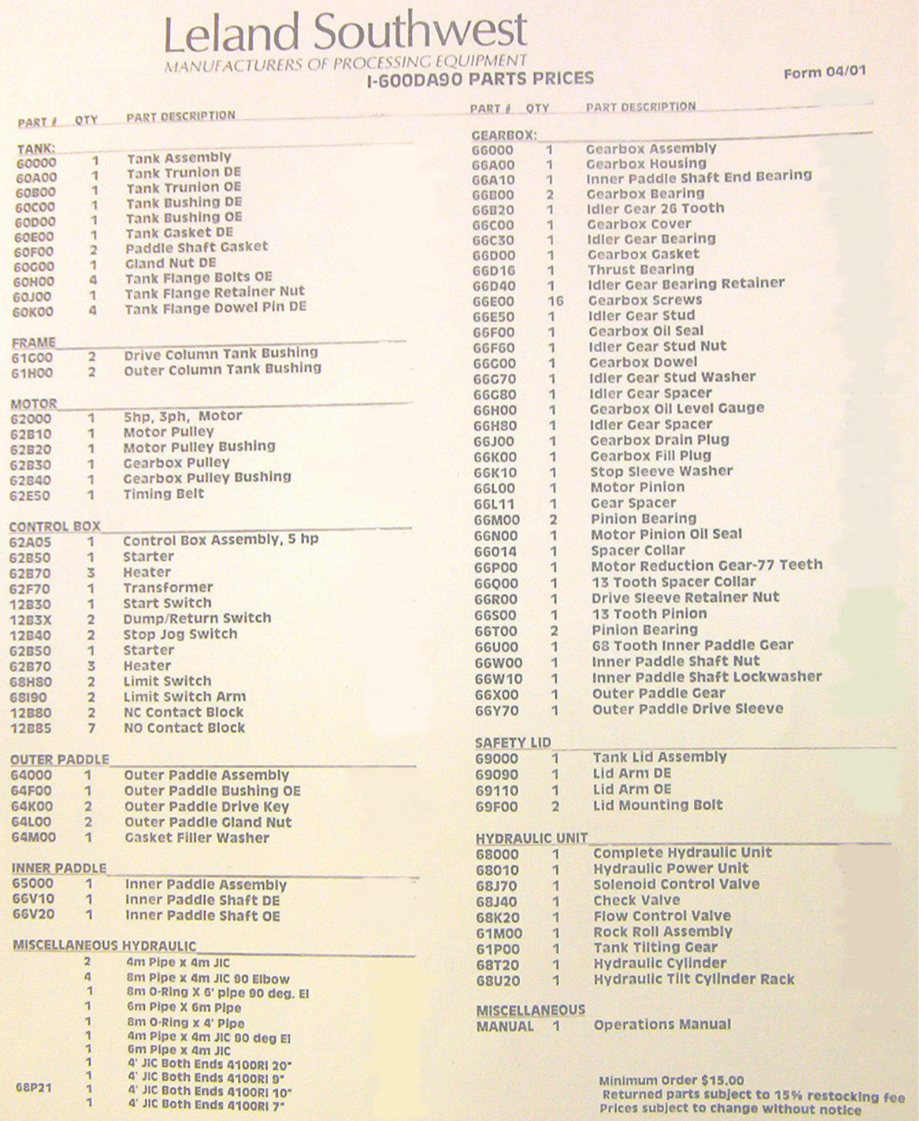 Leland I-600DA90 Parts List