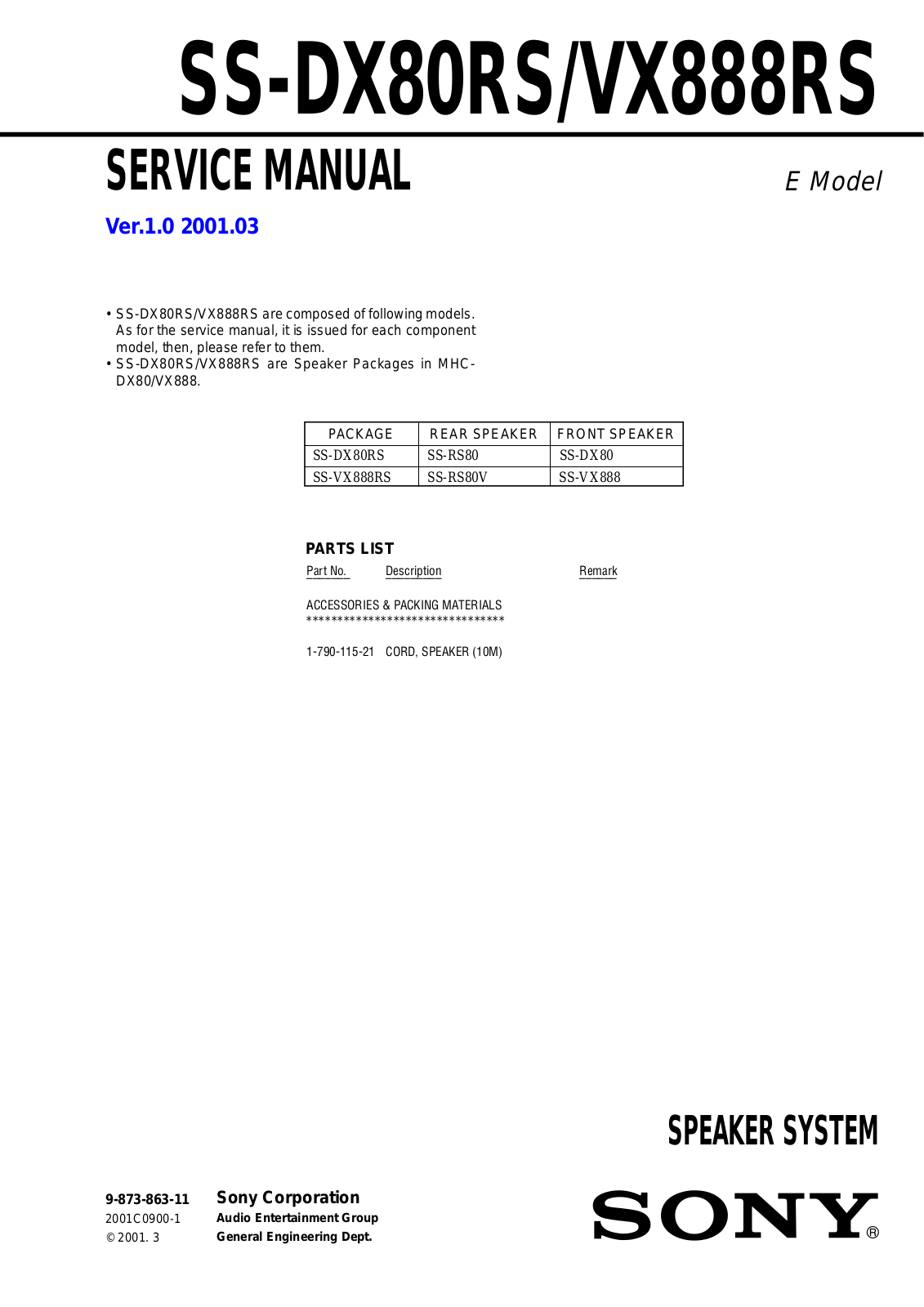 Sony SS-DX80RS, SS-VX888RS Service Manual