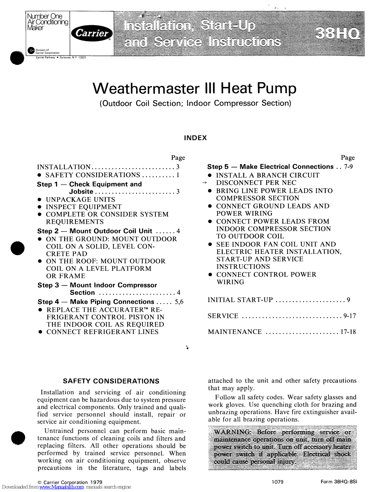 Carrier 38HQ940, 38HQ127, 38HQ960, 38HQ120, 38HQ134 Installation, Start-up And Service Instructions Manual