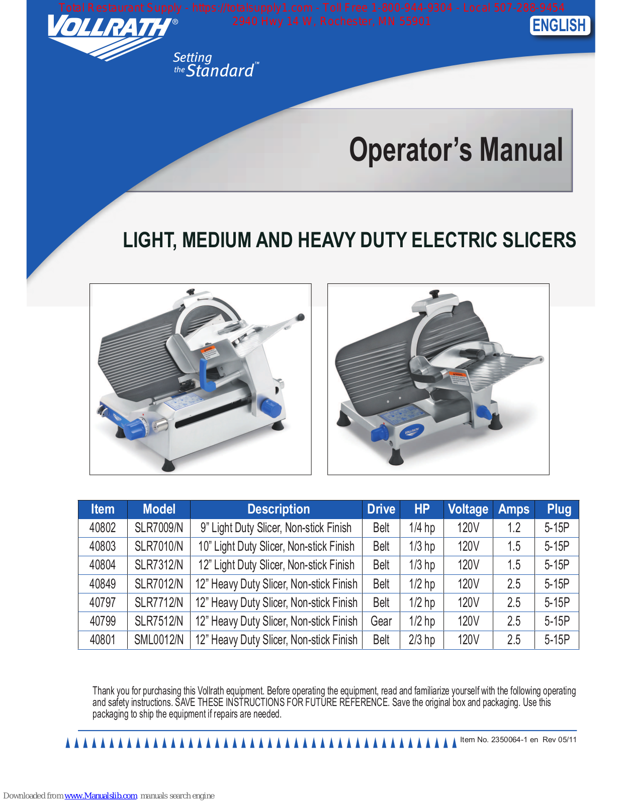 Vollrath SLR7009/N, SLR7010/N, SLR7312/N, SLR7012/N, SLR7712/N Operator's Manual