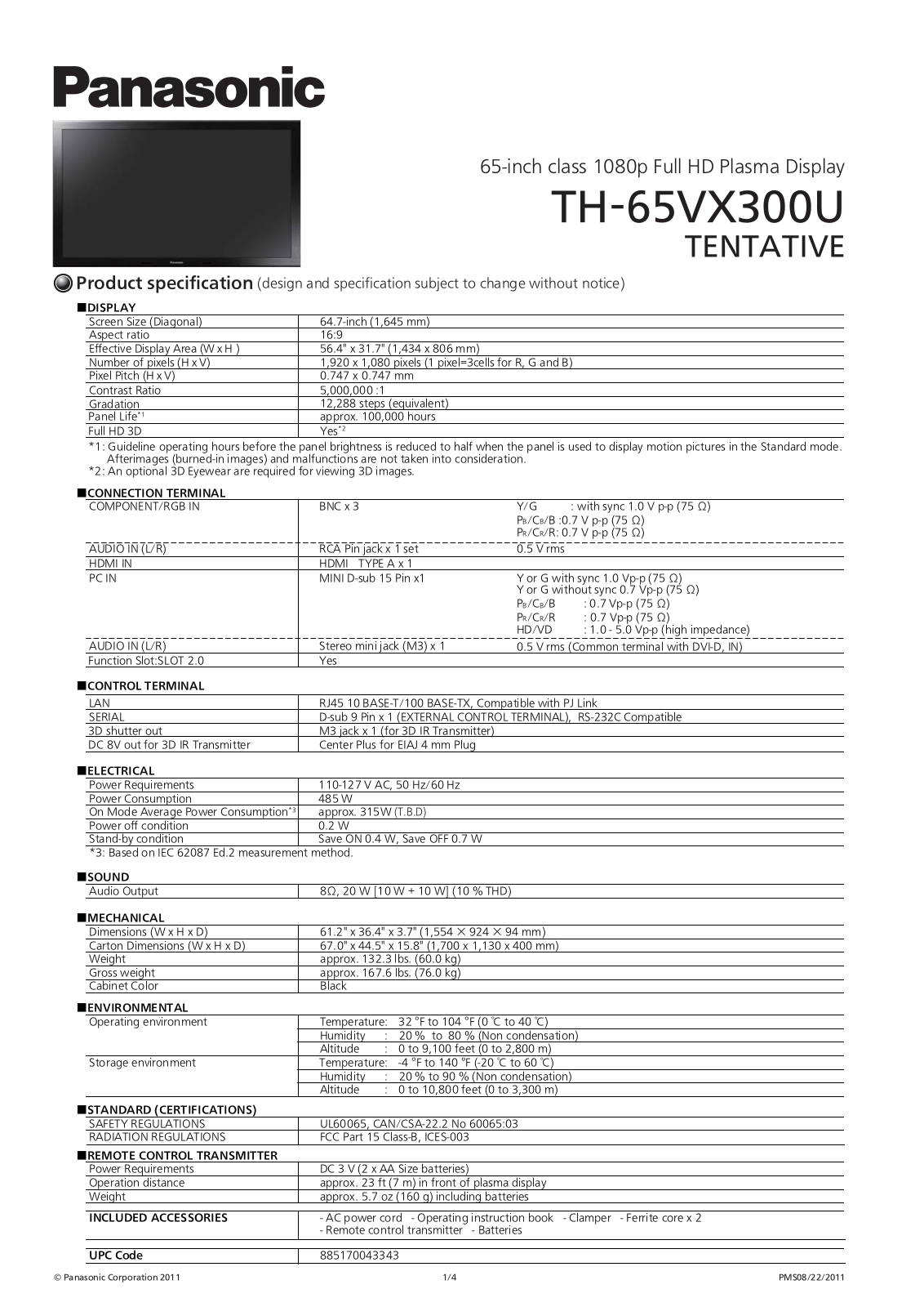 Panasonic TH-65VX300U Specification