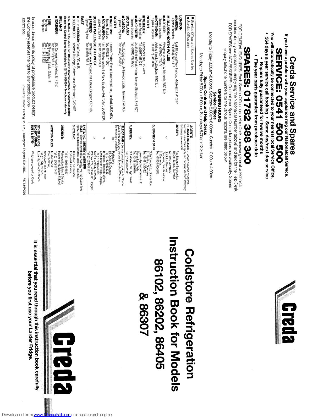 Creda Coldstore 86102, Coldstore 86202, Coldstore 86405, Coldstore 86307 Instruction Book