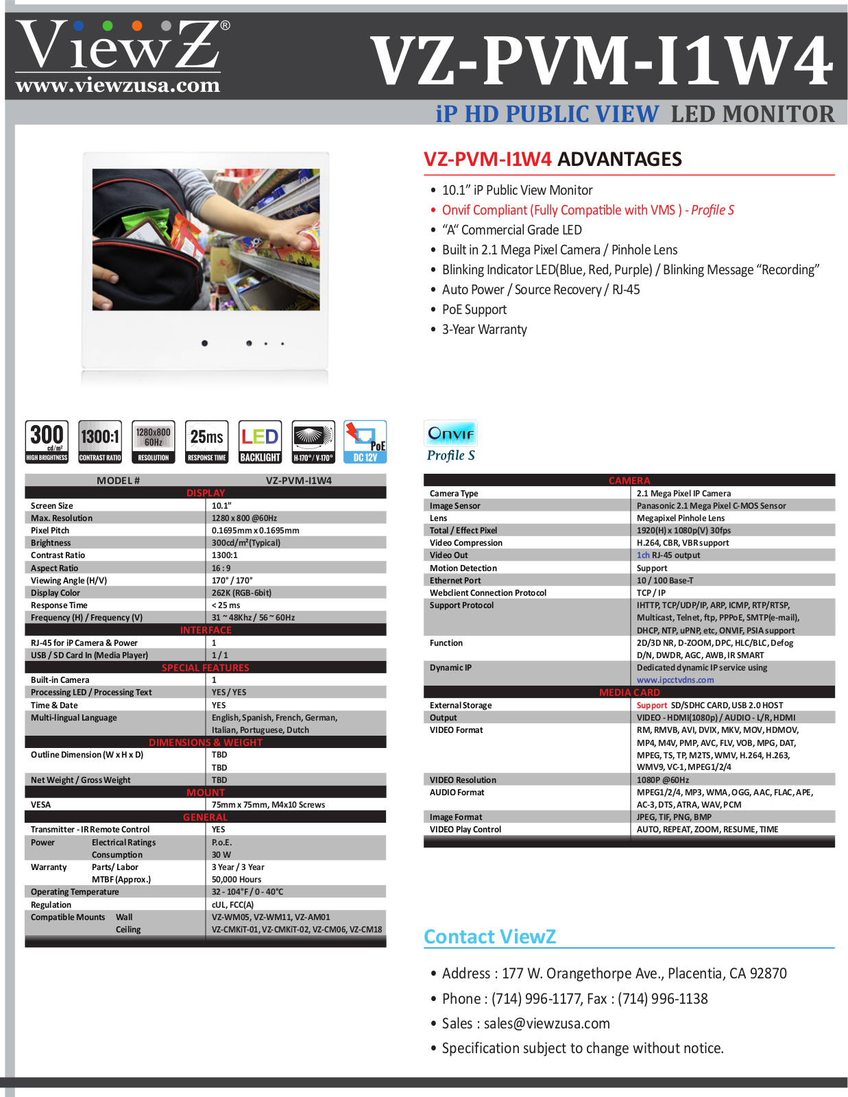 ViewZ VZ-PVM-I1W4 Specsheet