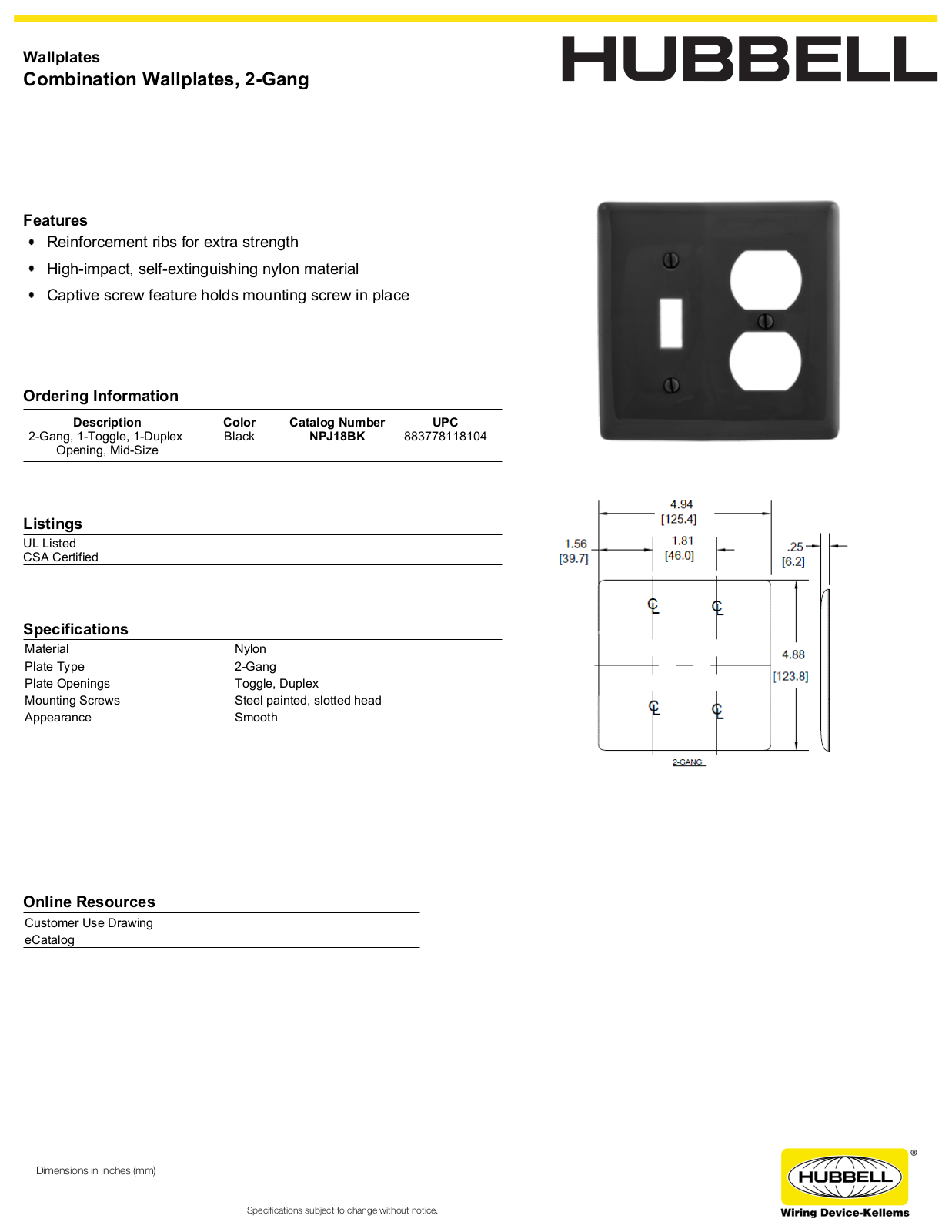 Hubbell NPJ18BK Specifications