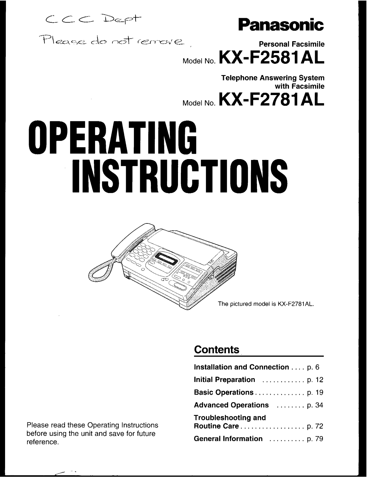 Panasonic KX-F2581AL User Manual