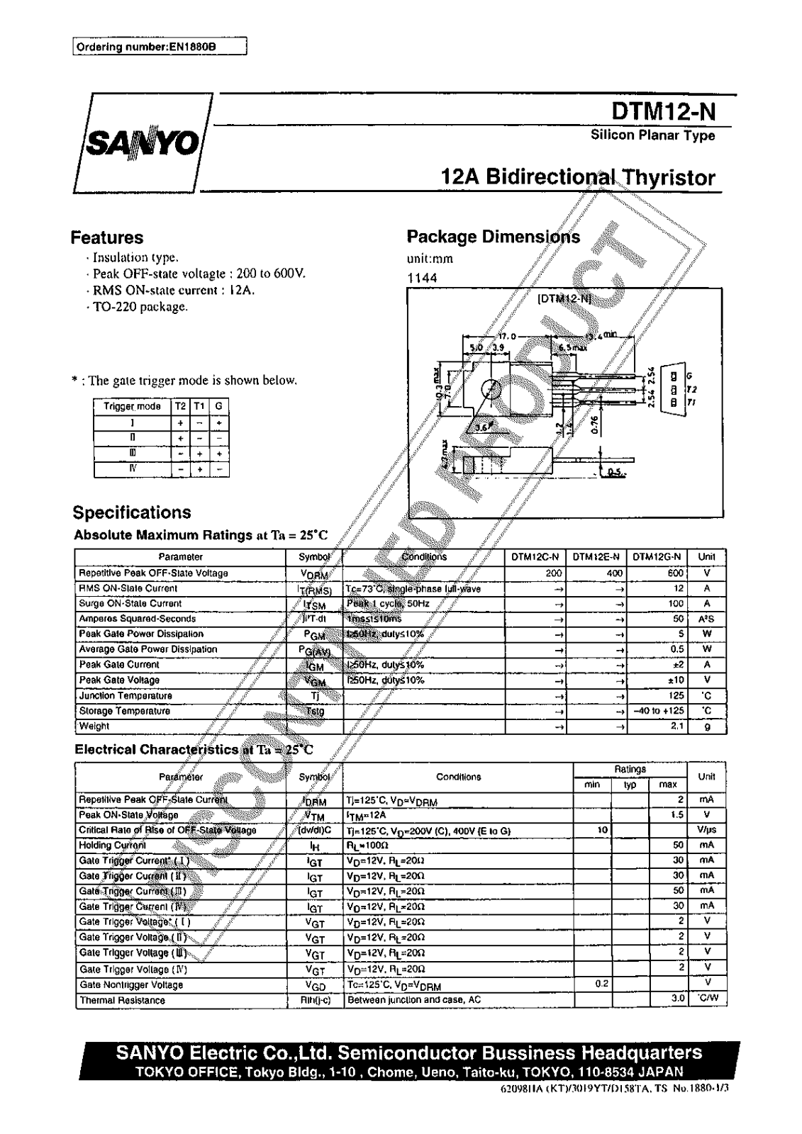 Sanyo DTM12-N Specifications