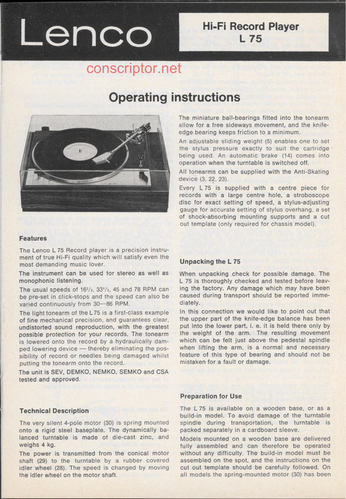 Lenco L75 Operating Instruction