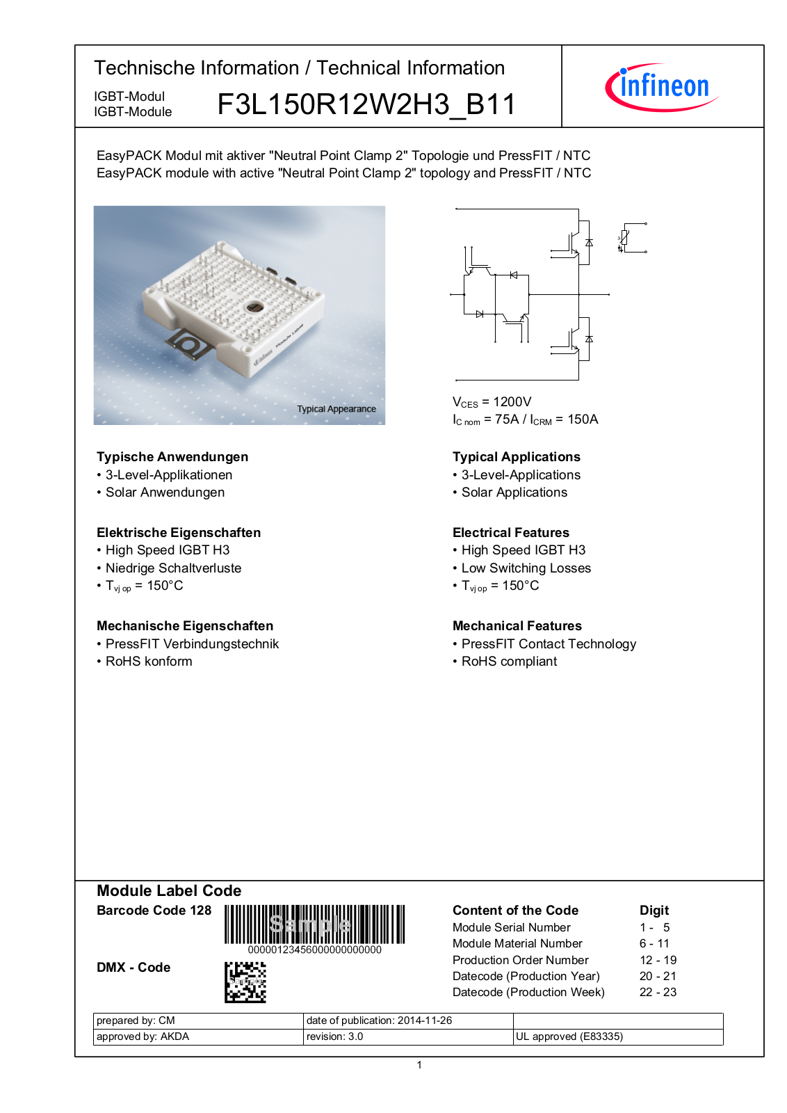 Infineon F3L150R12W2H3_B11 Data Sheet