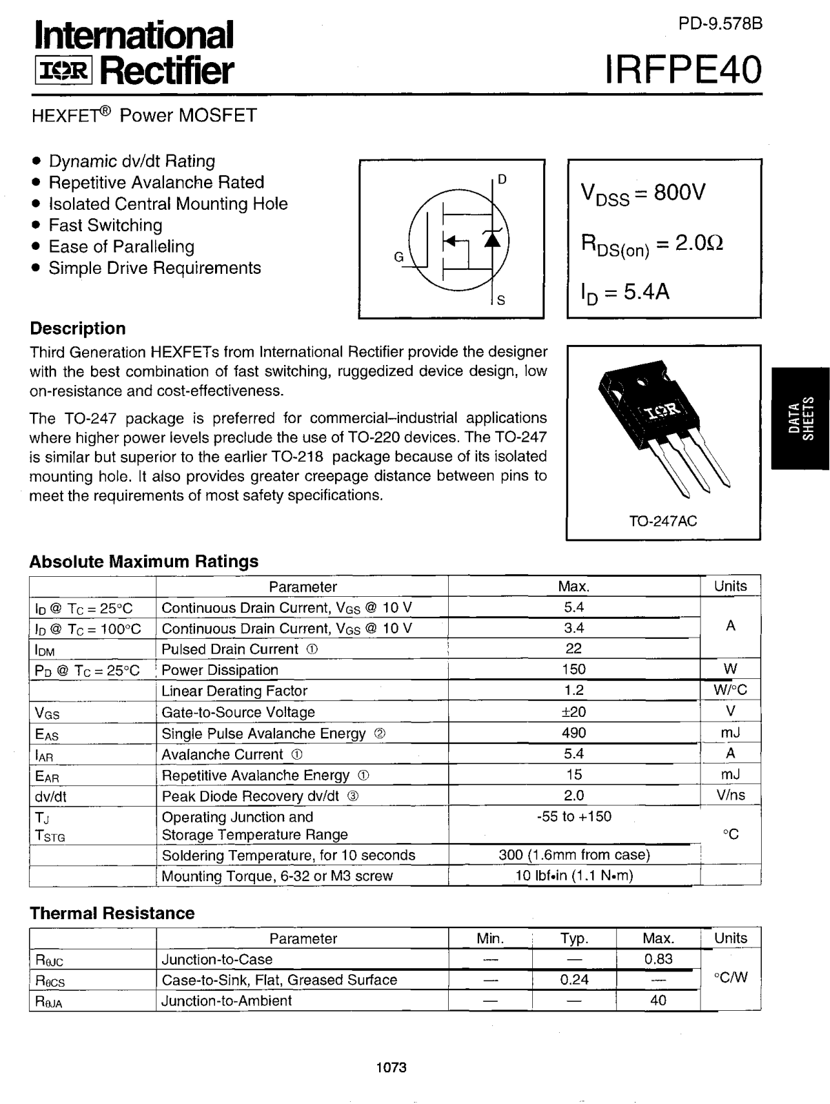 International Rectifier IRFPE40 Datasheet