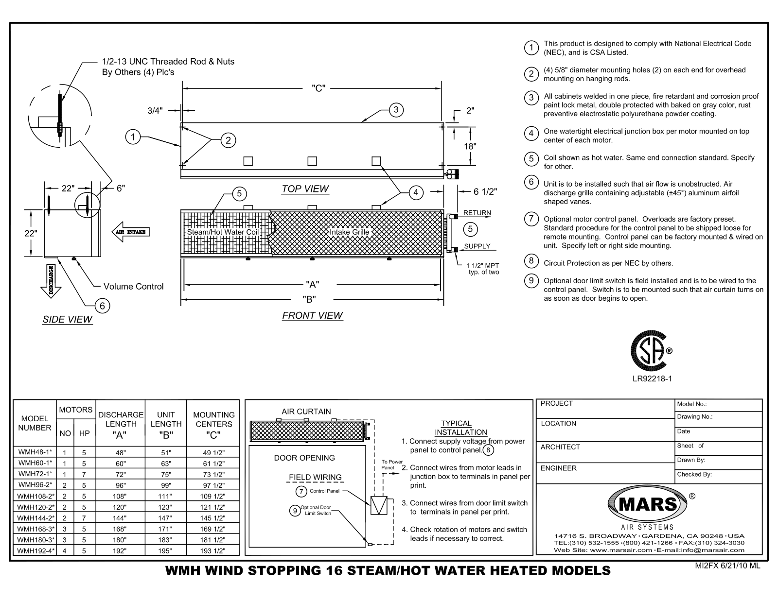 Mars Air WMH48-1 User Manual