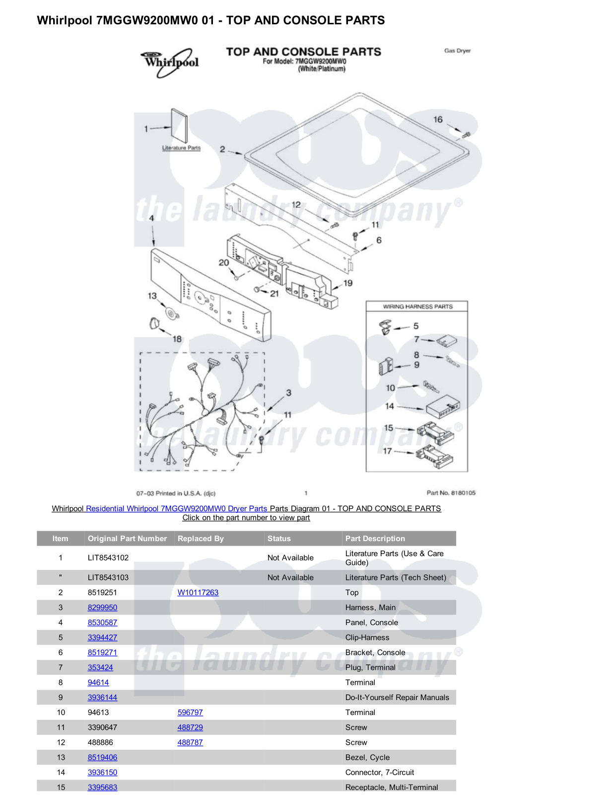 Whirlpool 7MGGW9200MW0 Parts Diagram