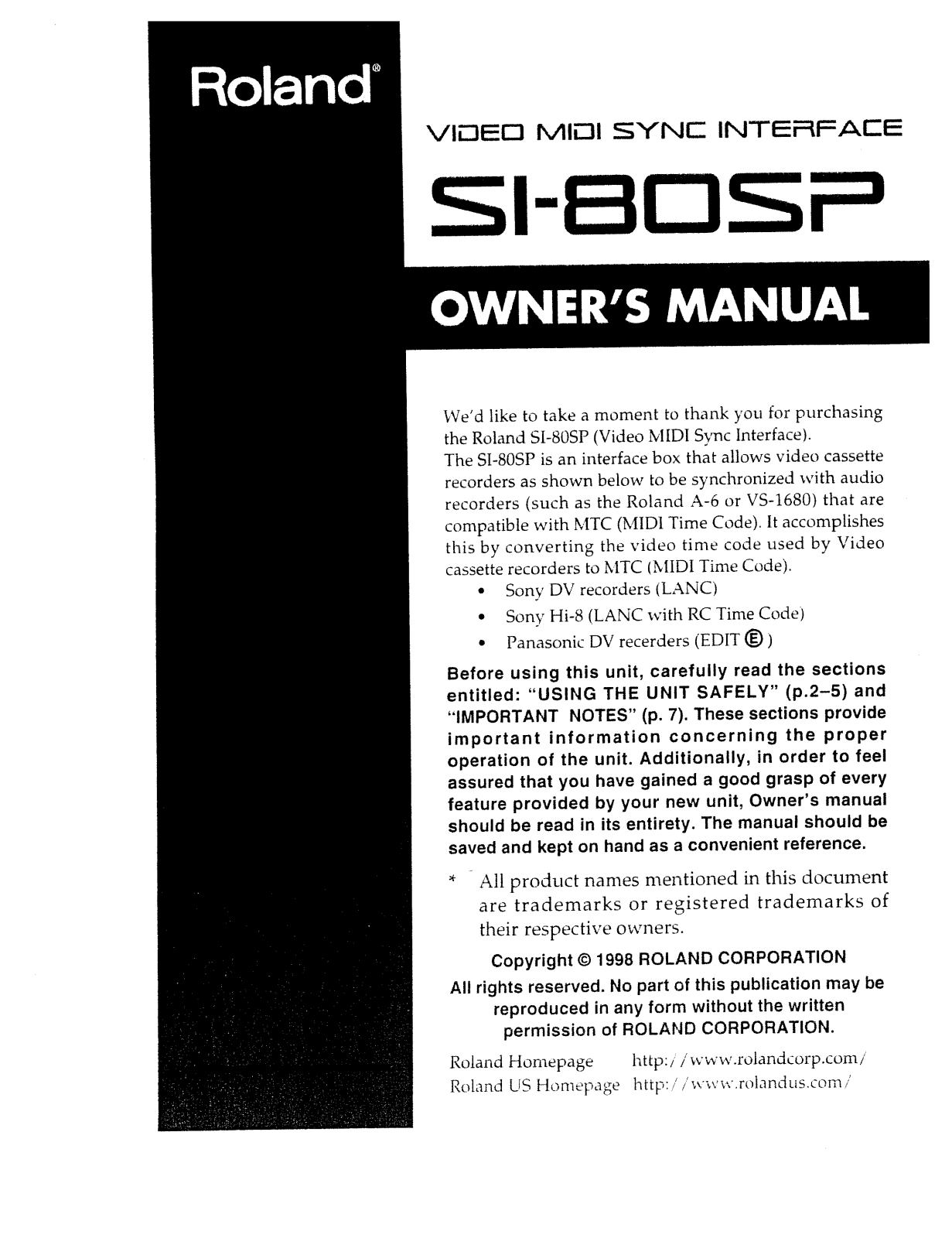 Roland Corporation SI-80SP Owner's Manual