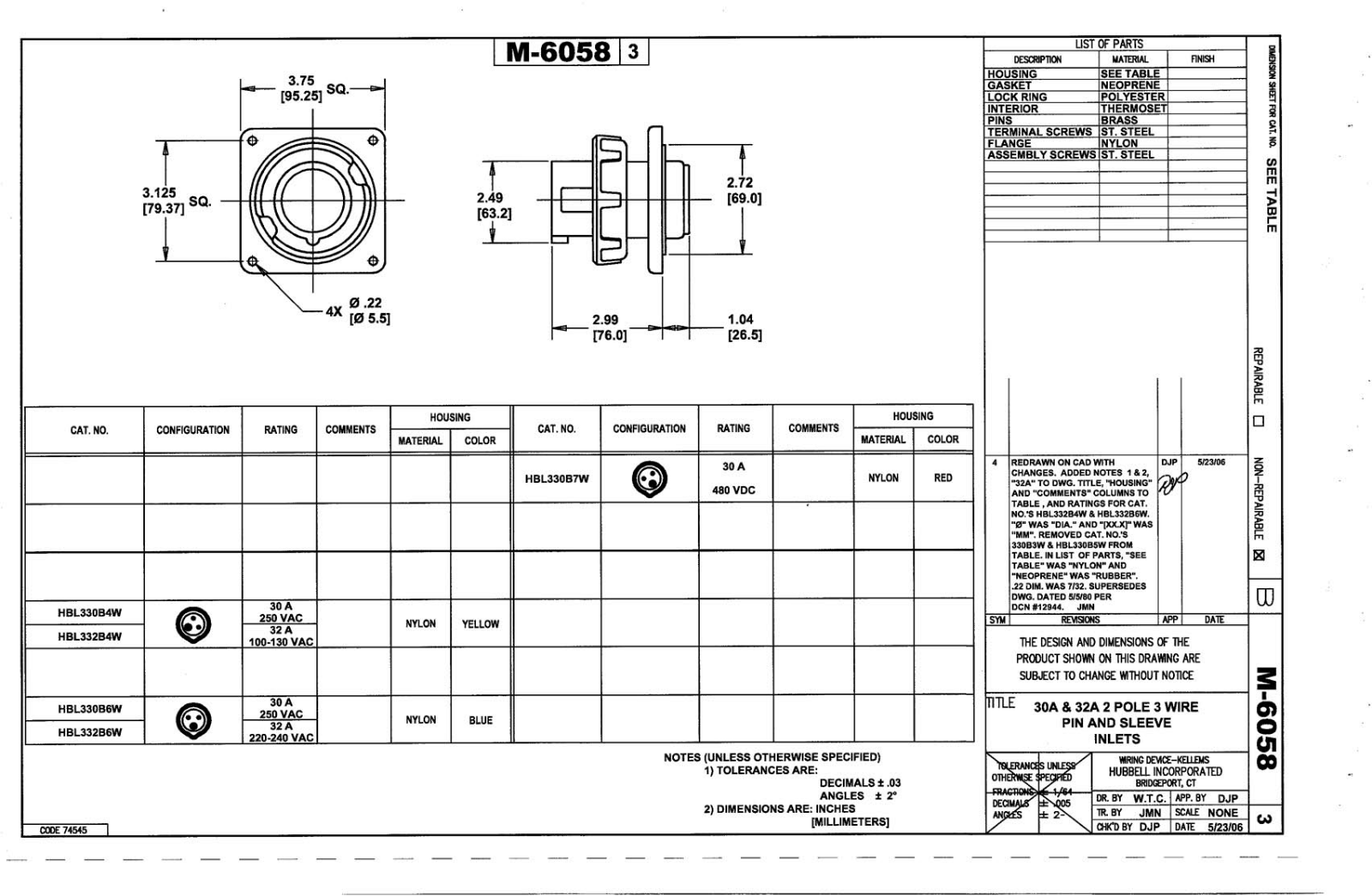 Hubbell HBL330B4W Reference Drawing