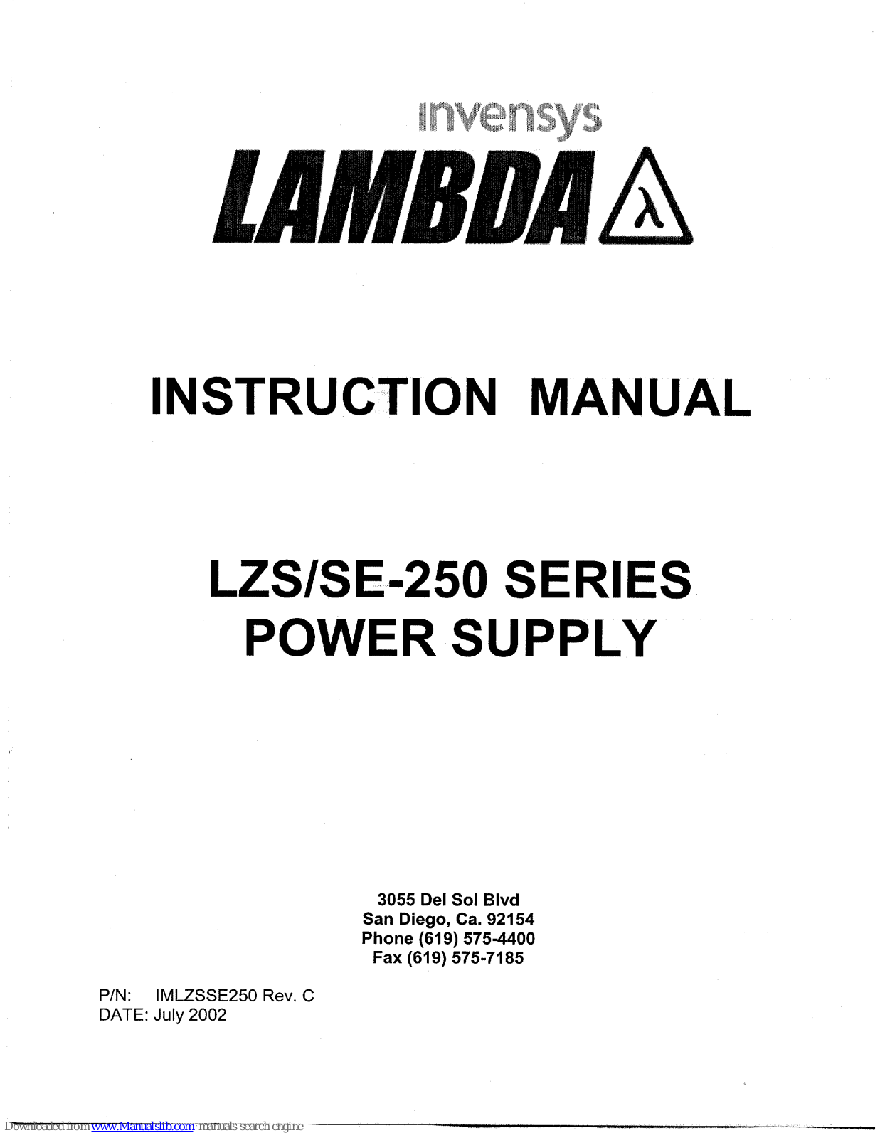 Lambda LZS-250-1, LZS250-2, SE-250 Series, LZS250-3 Instruction Manual