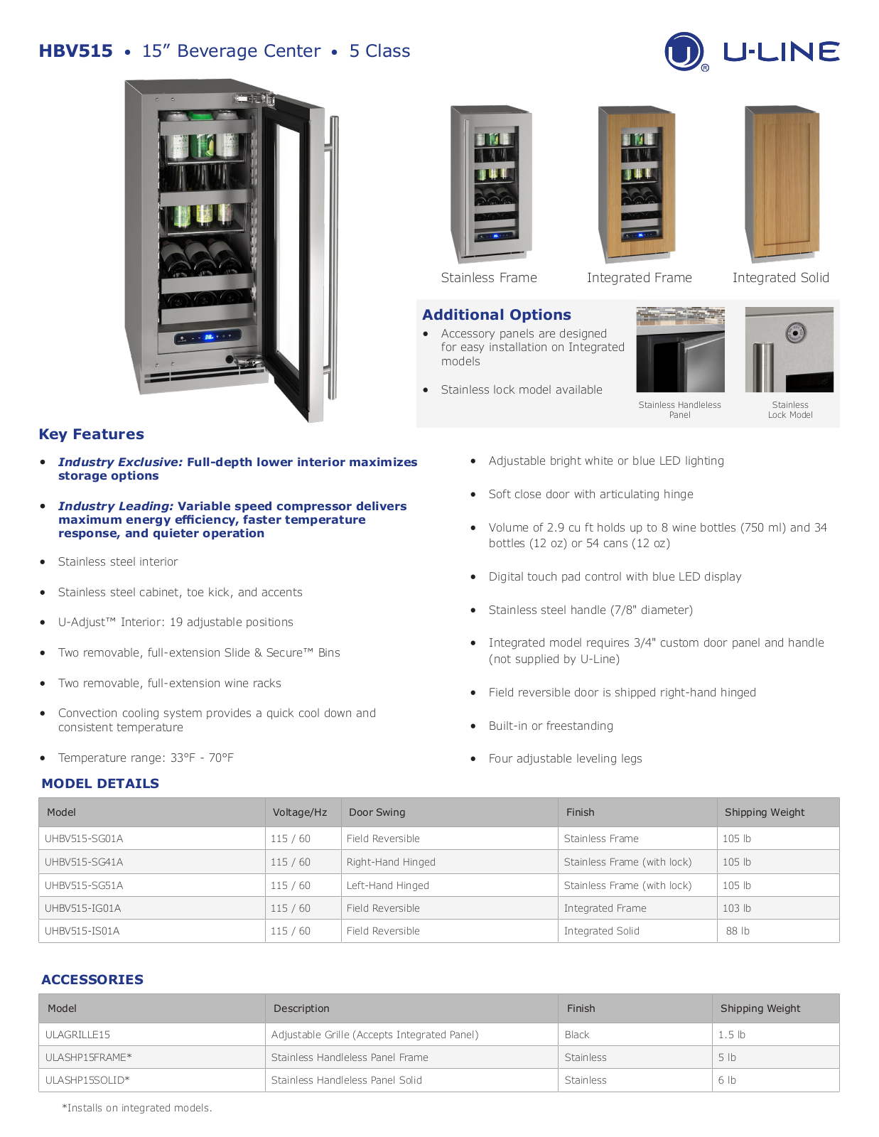 U-Line UHBV515-SG51A, UHBV515-IG01A, UHBV515-IS01A Specification Sheet