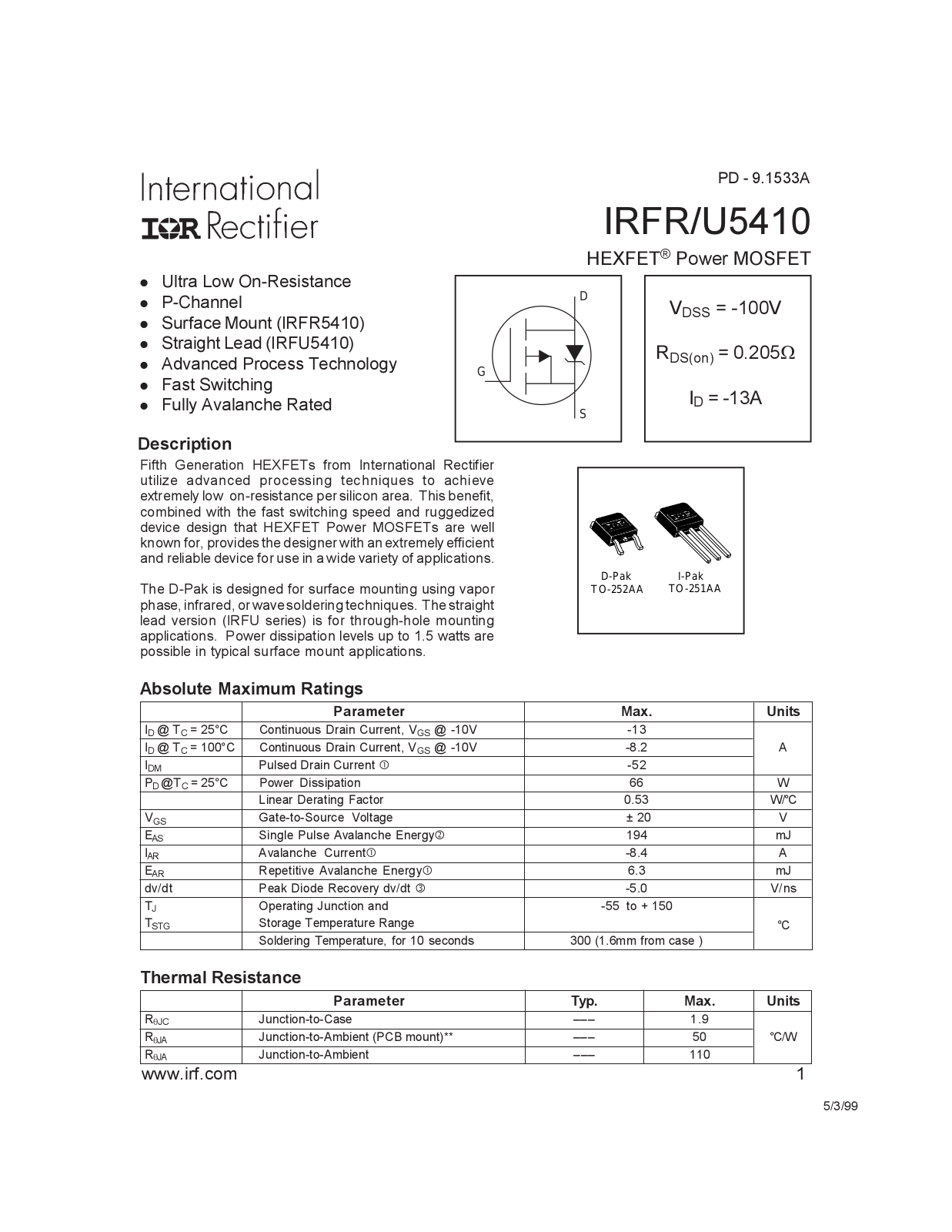 International Rectifier IRFU5410, IRFR5410 Datasheet