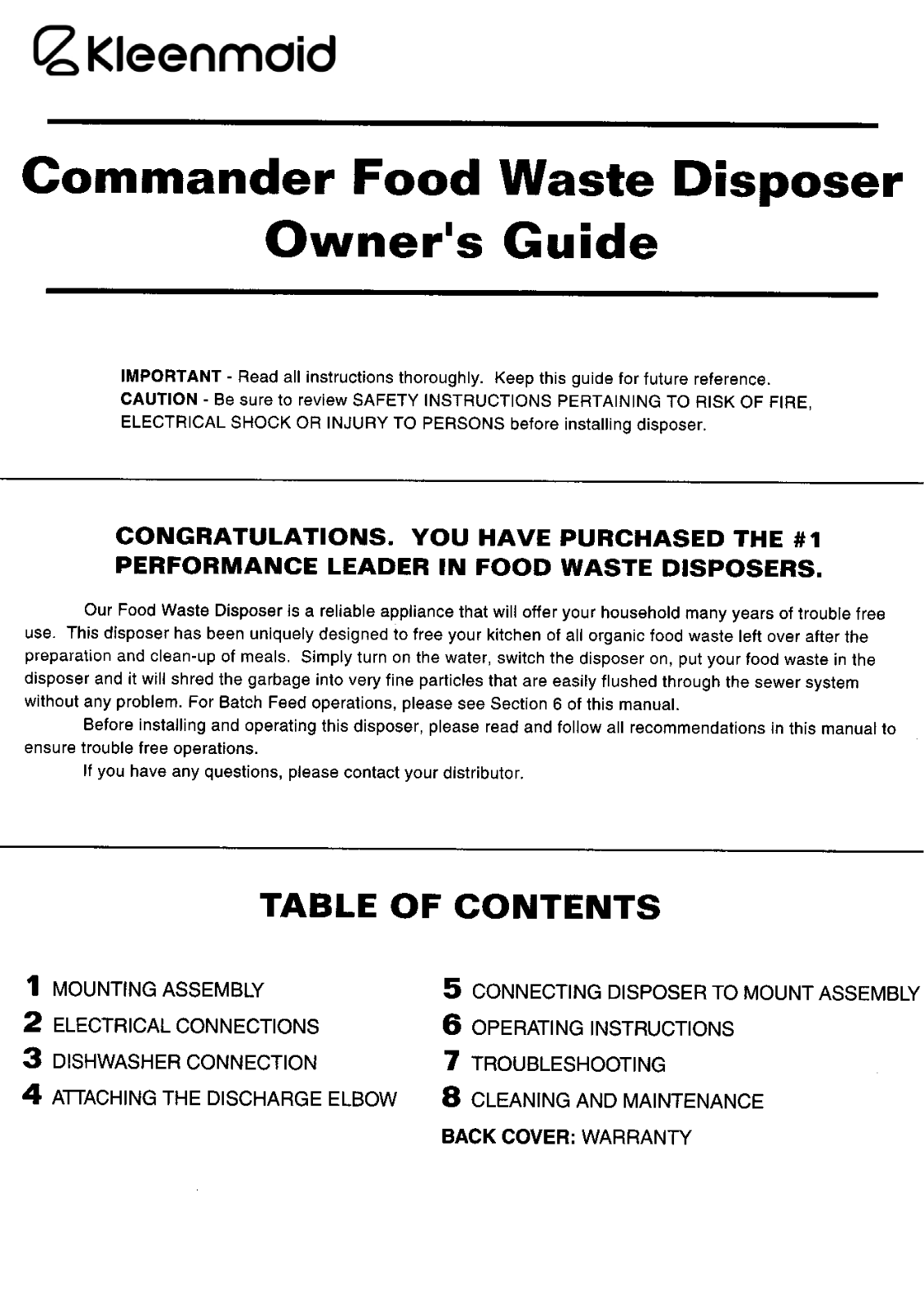 Kleenmaid Waste Disposal Units User Manual