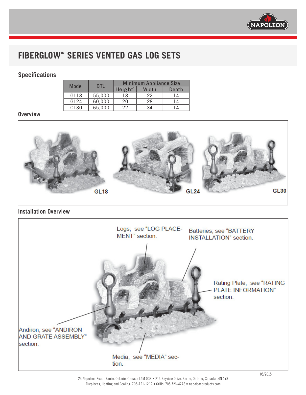 Napoleon GL24NE, GL18NE, GL30NE Specifications