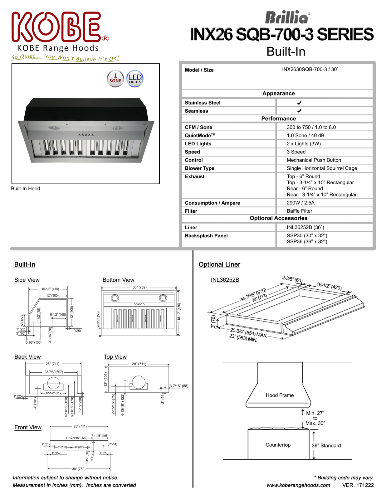 Kobe INX2630SQB7003 Specifications