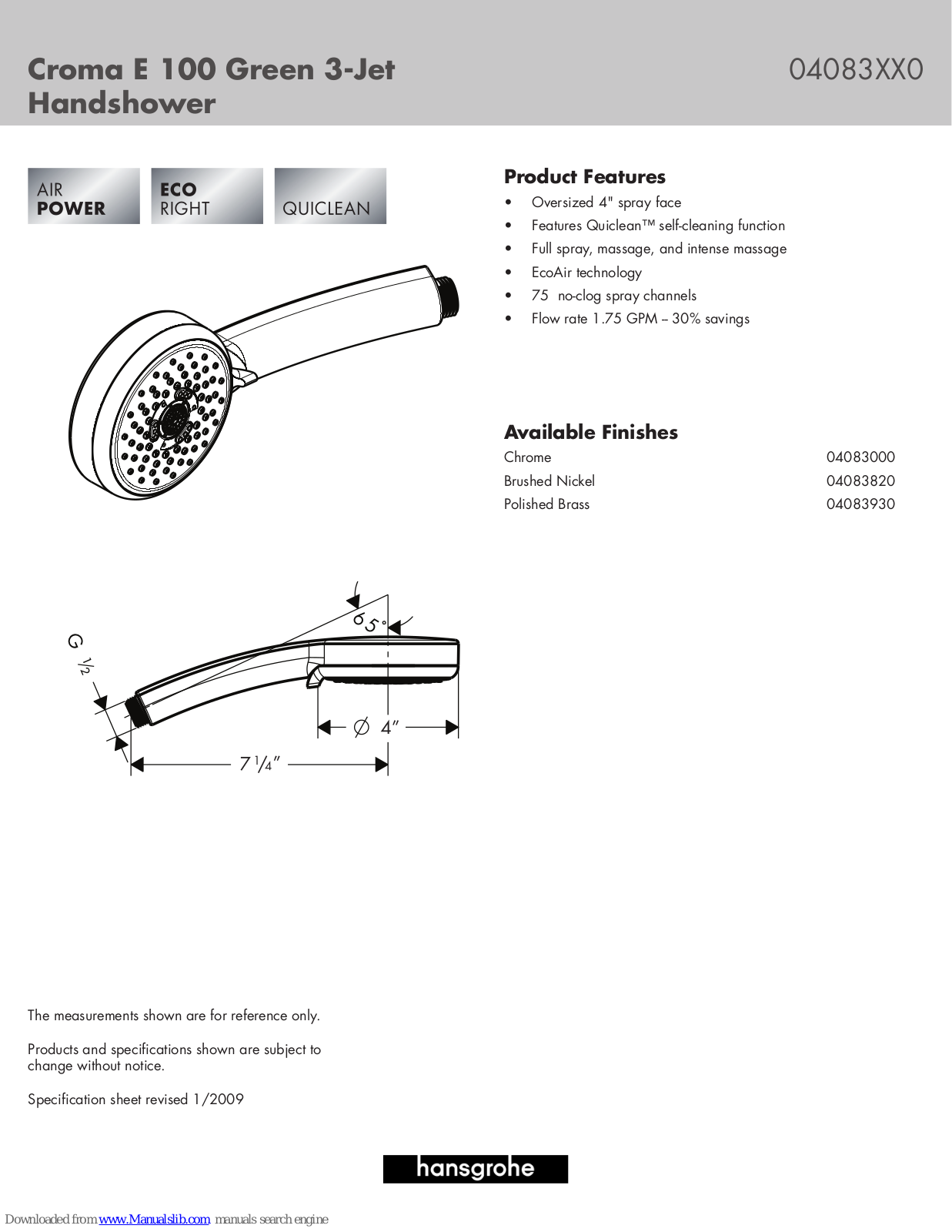 Hansgrohe 04083XX0, 04083000, 04083820, 04083930 Specification Sheet