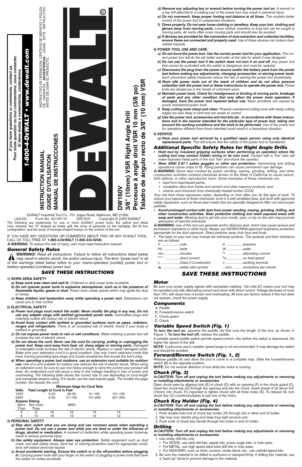 DeWalt DW160V TYPE2, DW160V TYPE1 Owner’s Manual