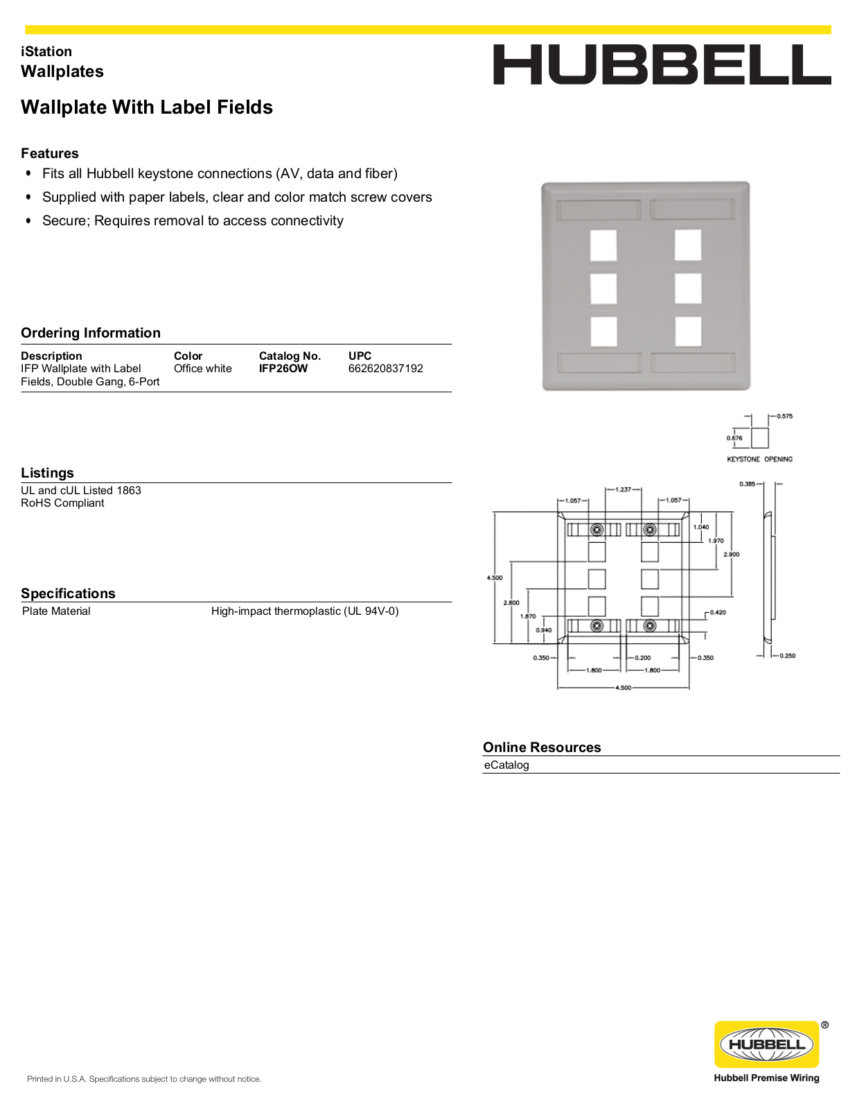 Hubbell IFP26OW Specifications