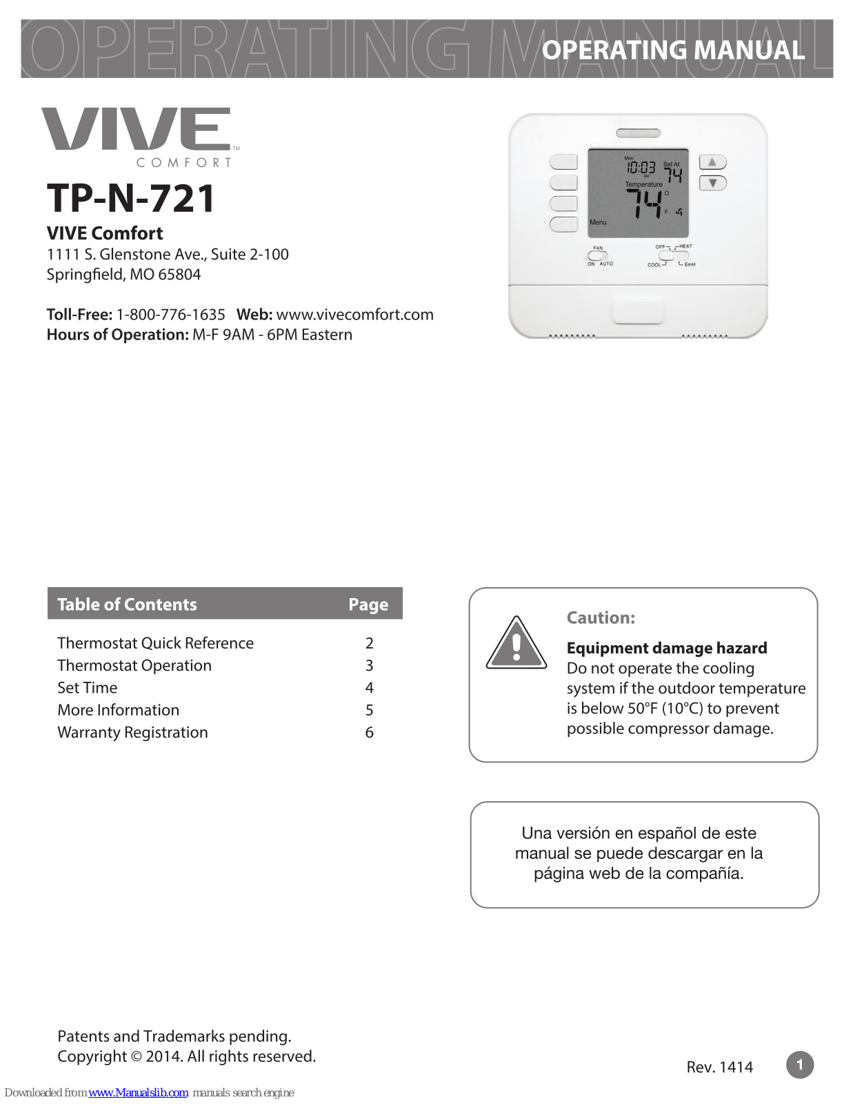 Vive Comfort TP-N-721 Operating Manual