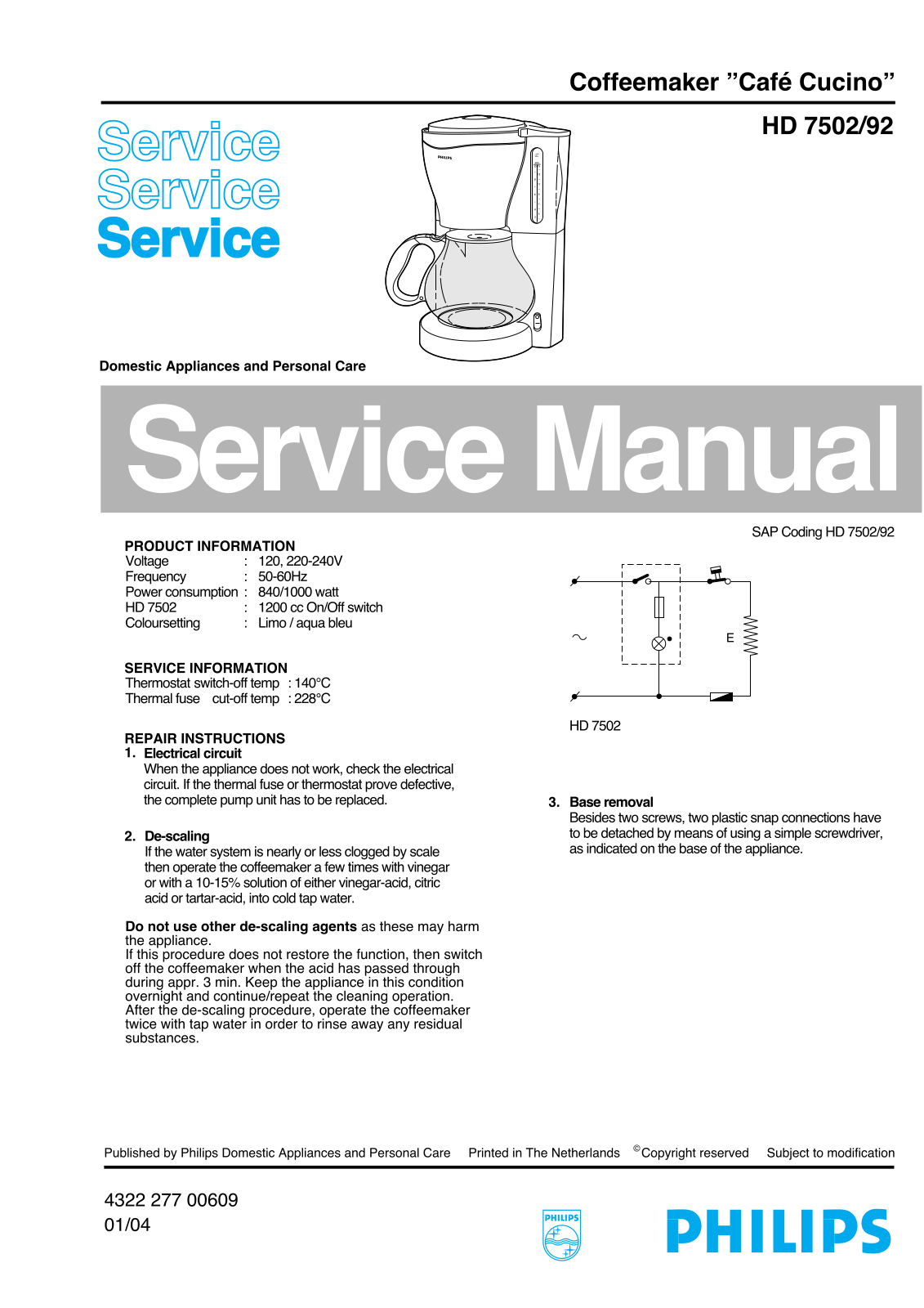 Philips HD 7502-92 Service Manual