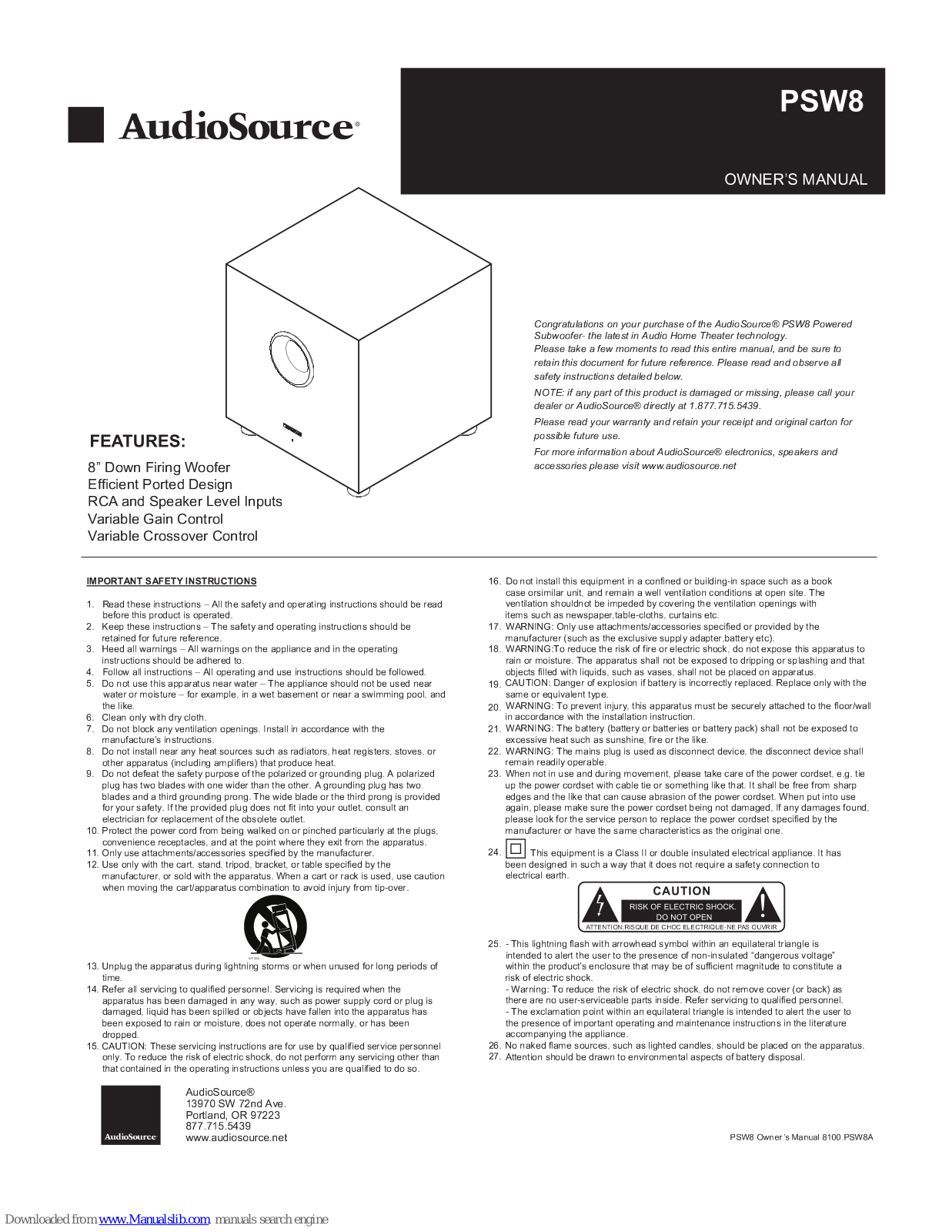 AudioSource PSW8 Owner's Manual