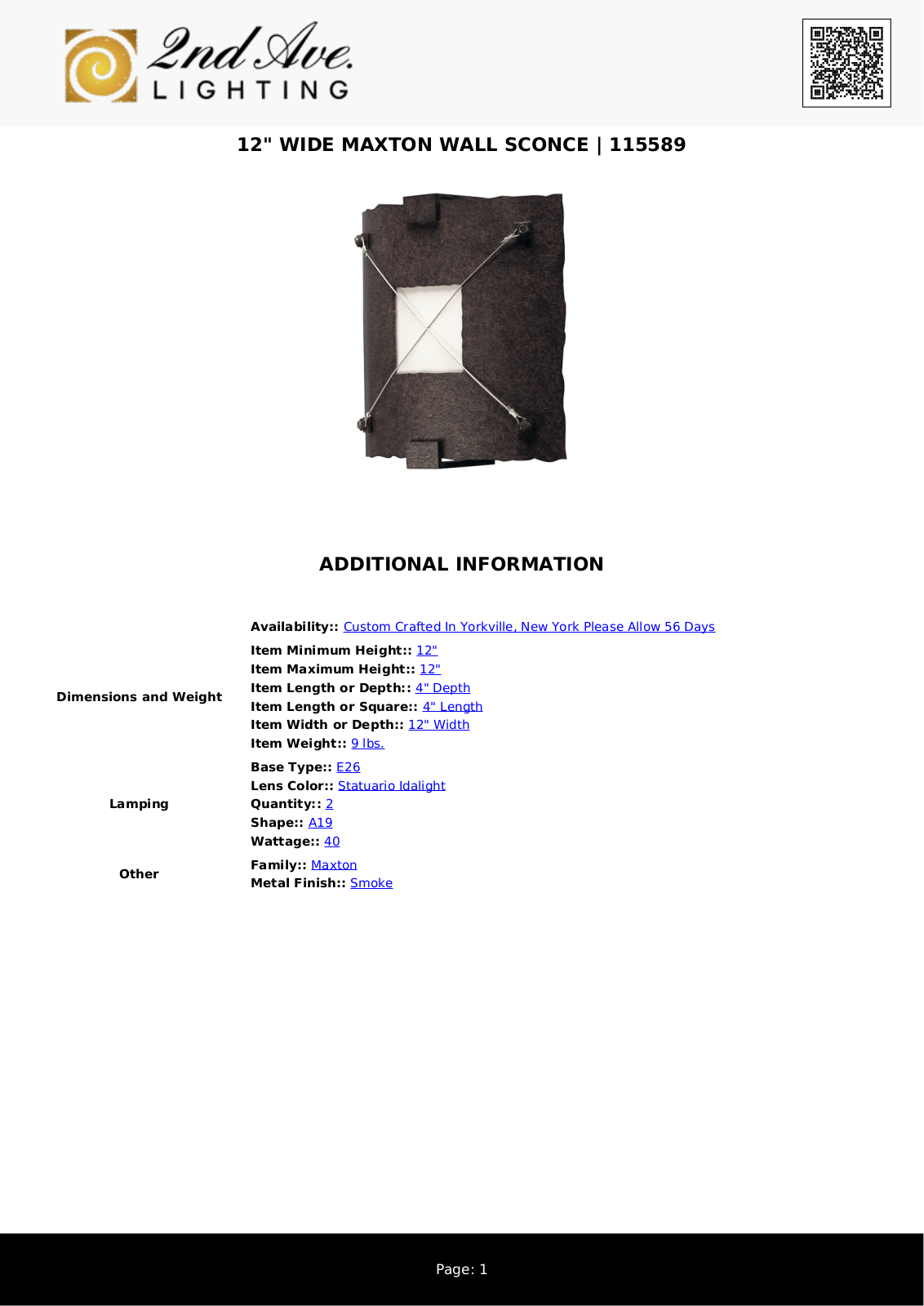 2nd Ave Design W008322355 Specifications