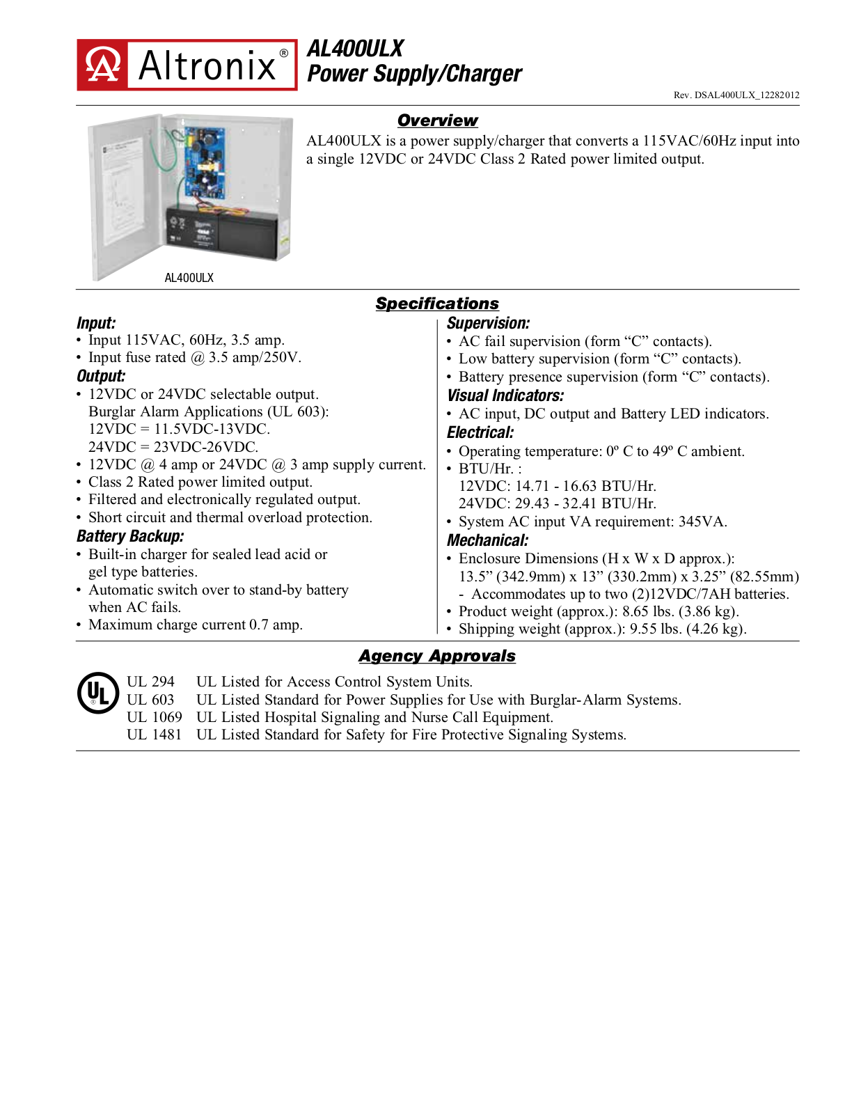 Altronix AL400ULX Specsheet