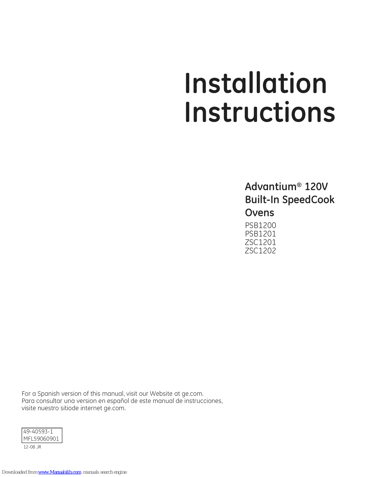 GE PSB1201, PSB1200WW, ZSC1201, PSB1200, PSB1200BB Installation Instructions Manual - ManualMachine.com
