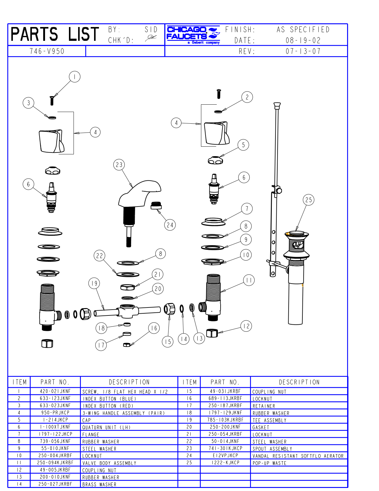 Chicago Faucet 746-V950 Parts List