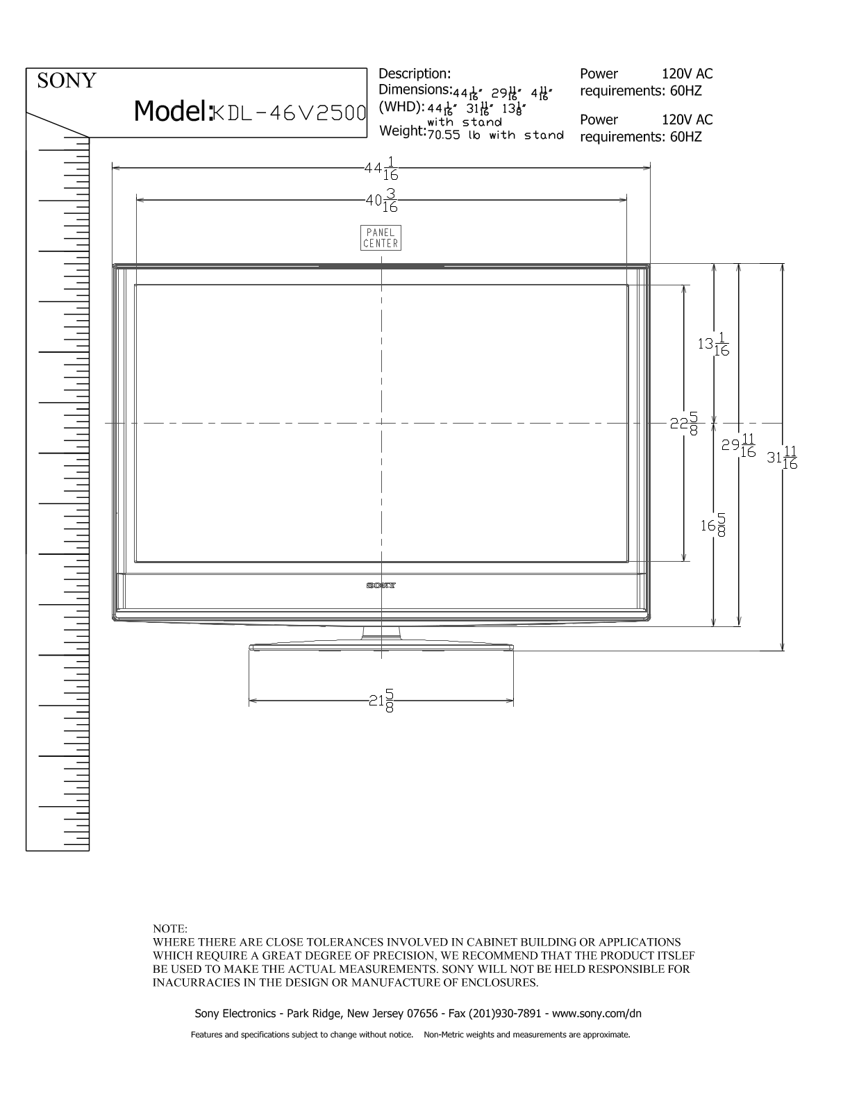 Sony KDL-46V2500 Dimensions Diagrams