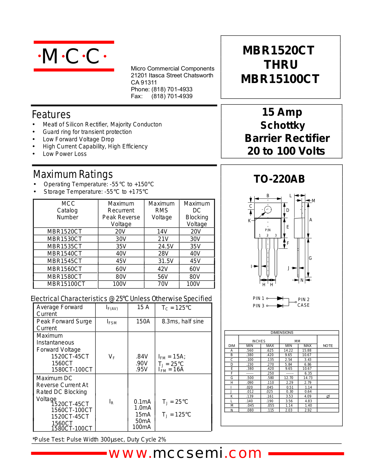 MCC MBR1560CT, MBR1580CT, MBR1540CT, MBR1535CT, MBR1545CT Datasheet