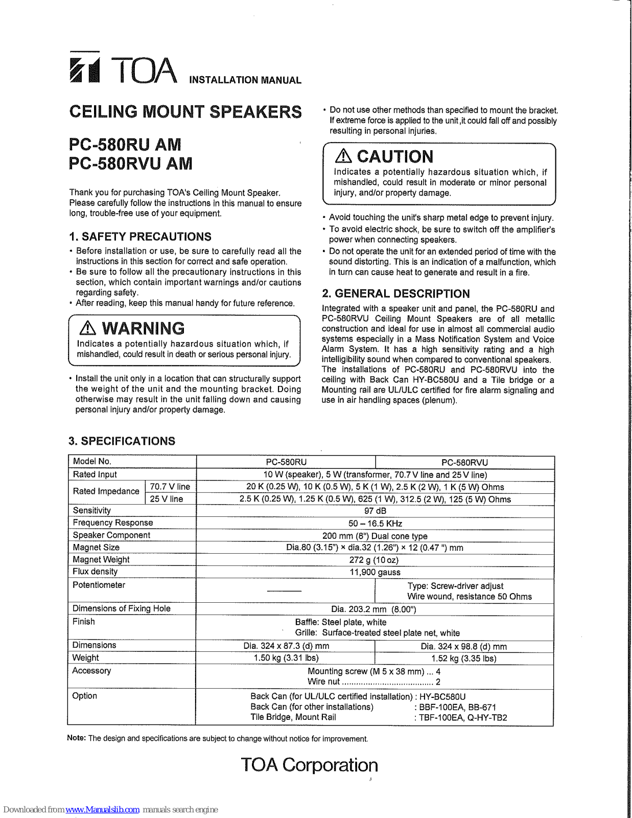 Toa PC-580RU AM, PC-580RVU AM Installation Manual