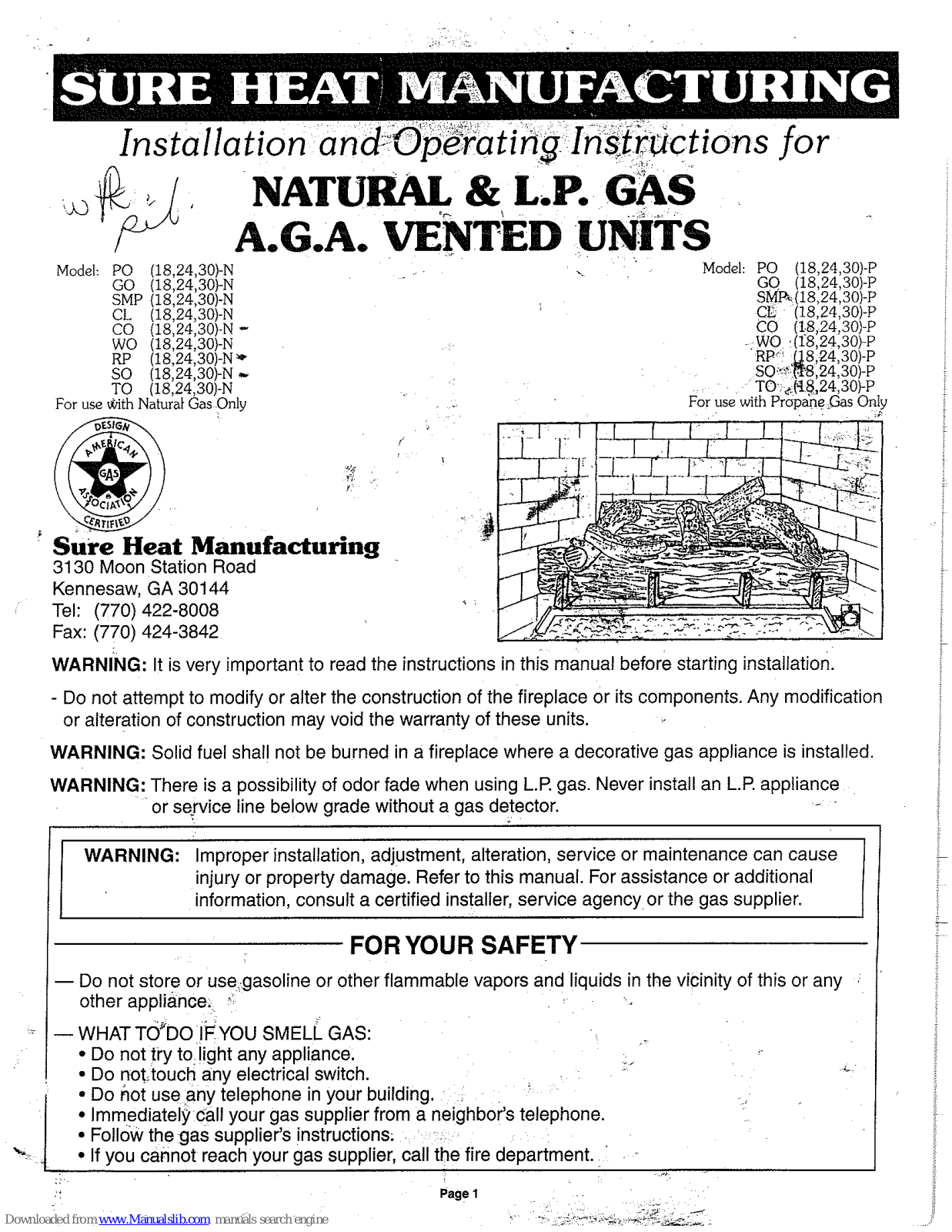 Sure Heat Manufacturing GO24-N, GO30-N, SMP18-N, SMP24-N, SMP30-N Installation And Operating Instructions Manual